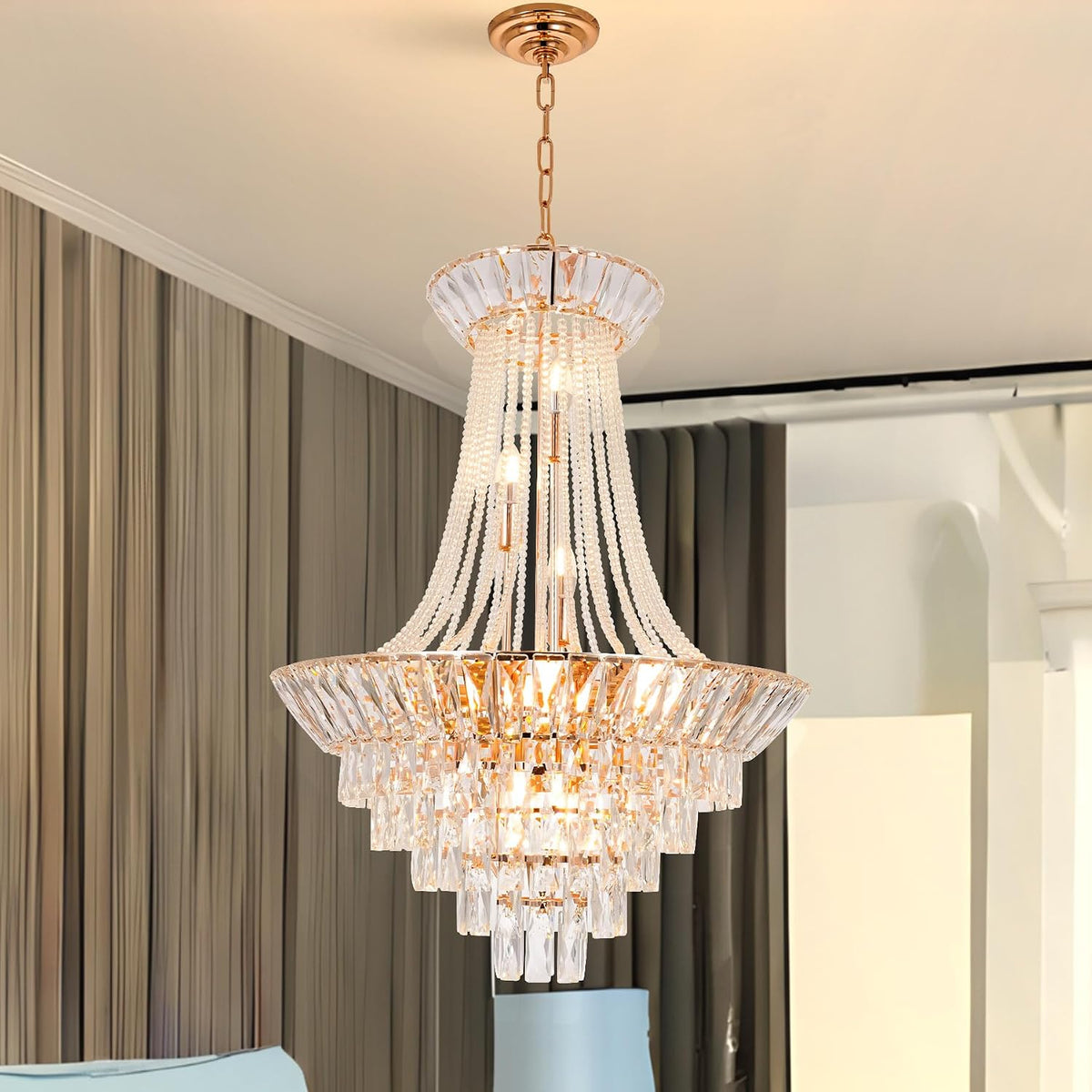24-Inch Modern Gold French Empire Crystal Chandelier, Luxe Dining Room Fixture