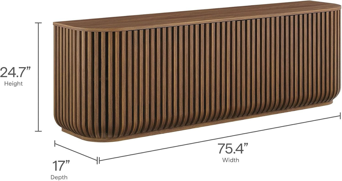 Fortitude 75" Fluted Curved Sideboard Buffet with 4 Doors in Walnut - Modern Media Console TV Stand with Adjustable