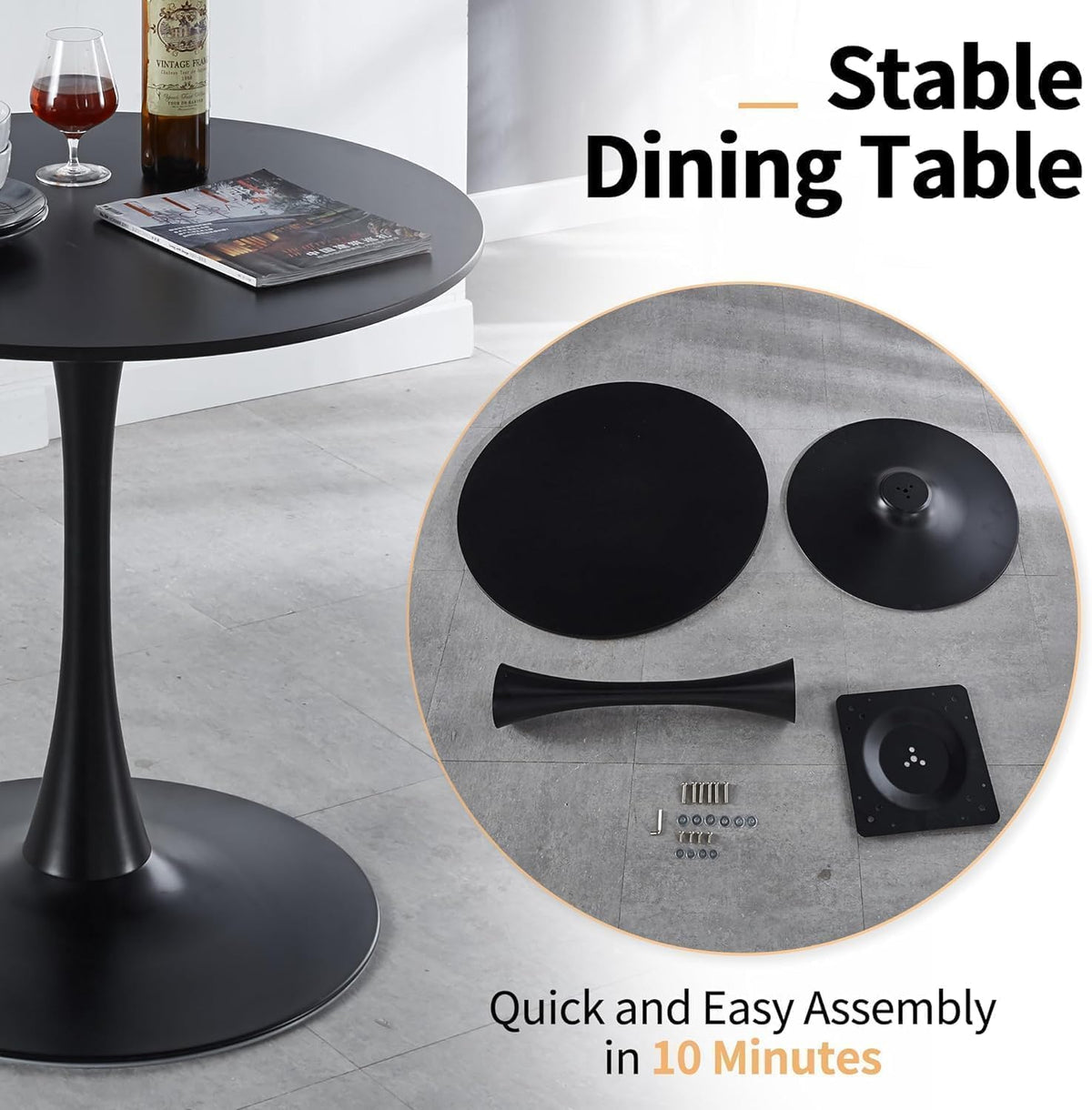 Inspired Saarinen Style Black Round Dining Table, 42 Inch Tulip Dining Table with Thickened Tabletop & Sturdy Metal Pedestal, Mid-Century