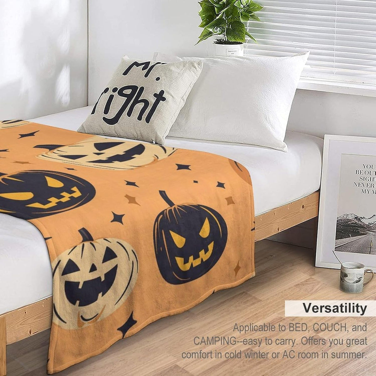 Farmhouse Checkered Pumpkin Vine Halloween Fleece Throw Blanket, Cozy Decor Blanket for Sofa Living Room Fall Holiday