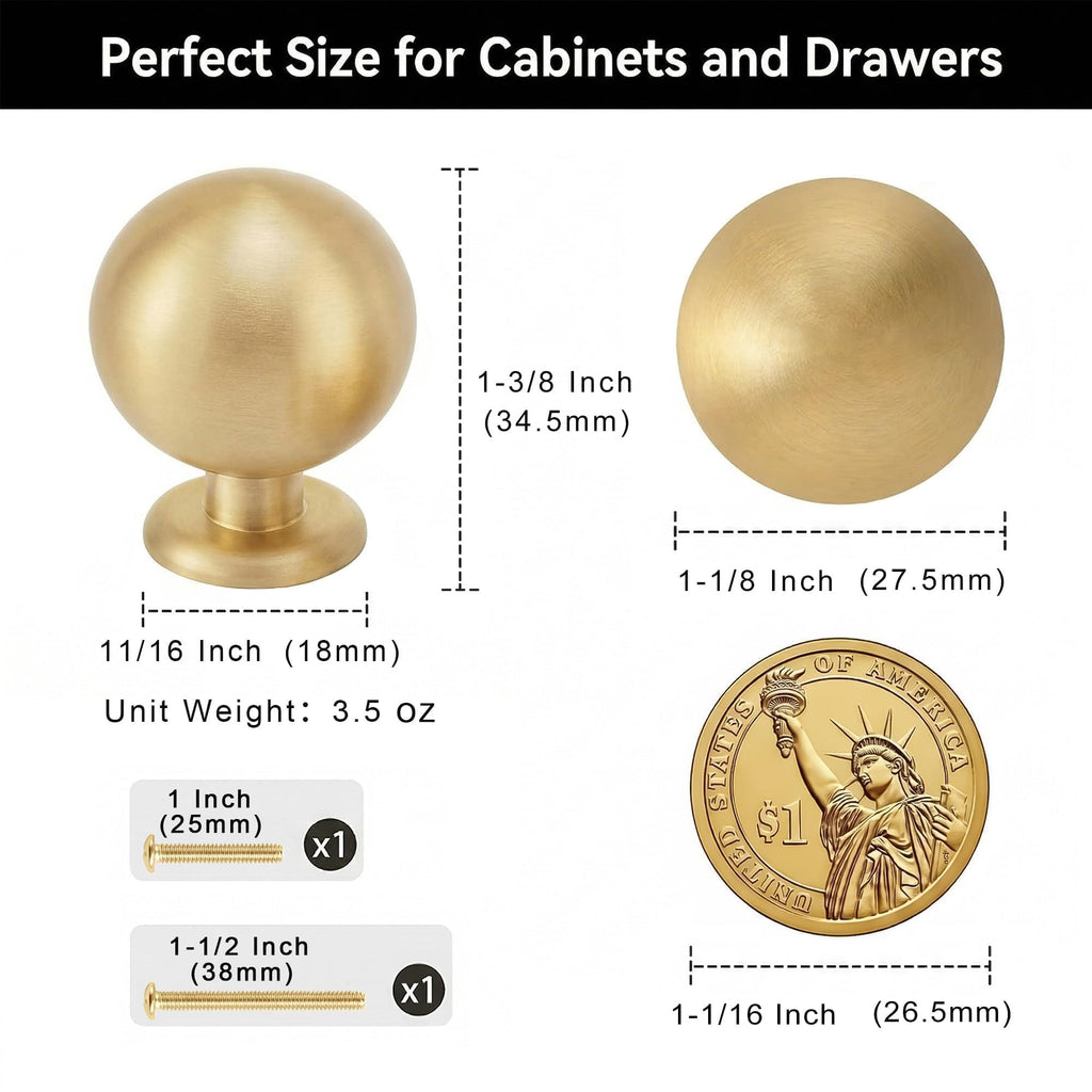 Brushed Brass Cabinet Knobs, Solid Brass Drawer 1-1/8"