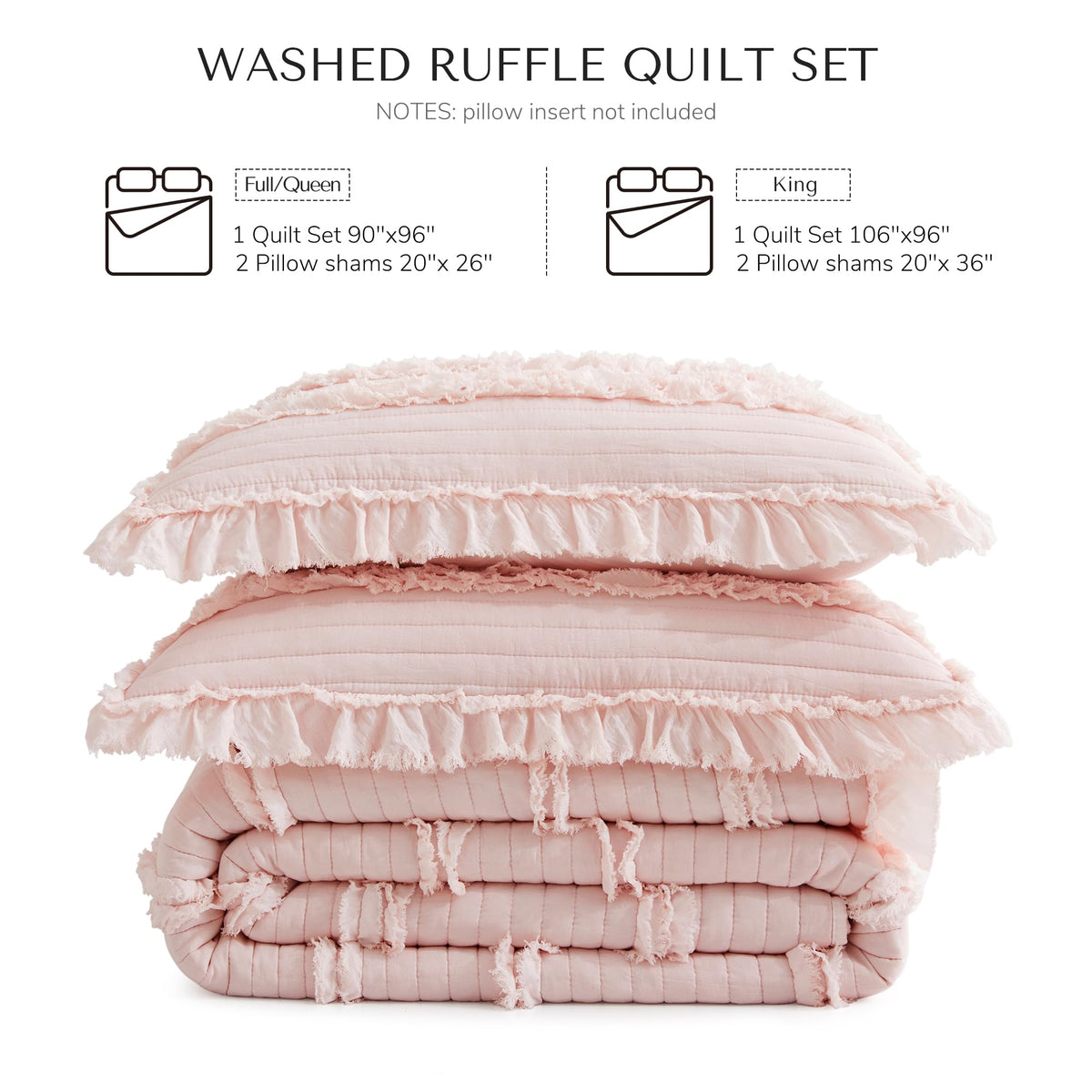 Ultra Soft Ruffle Fringed Quilt, Shabby Chic Rustic Pink Bedding Set, Stone Washed Boho Decorative Quilt