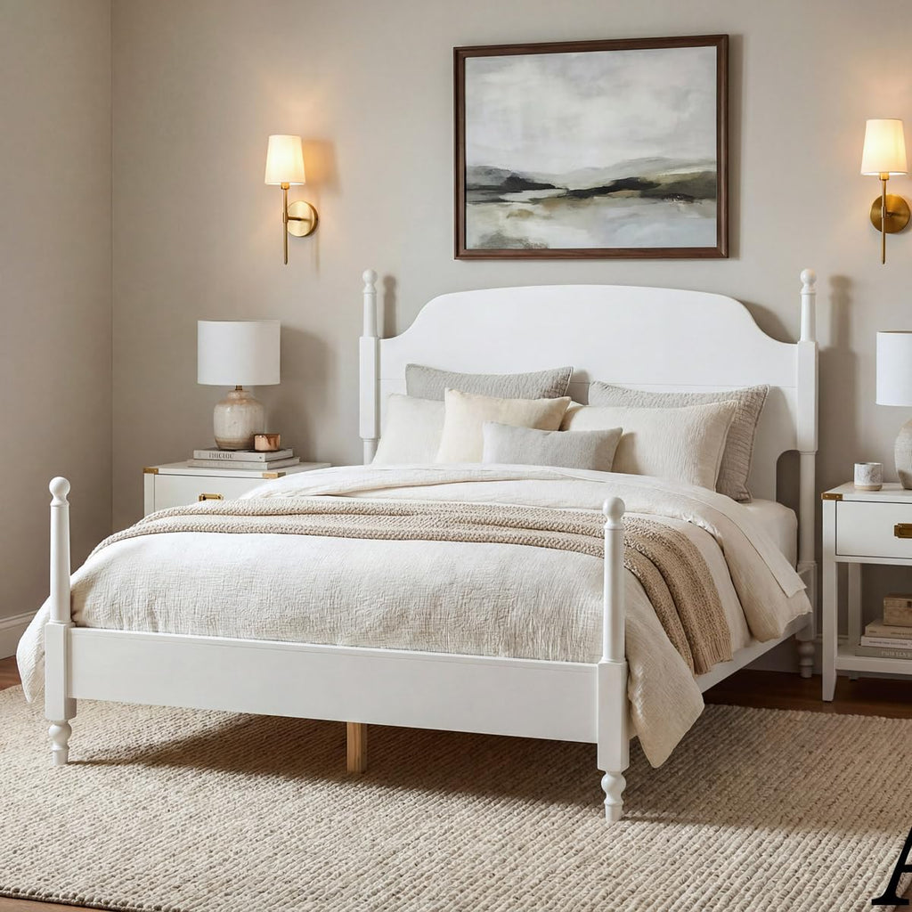 White Four Poster Spindle Bed Frame with Arched Headboard