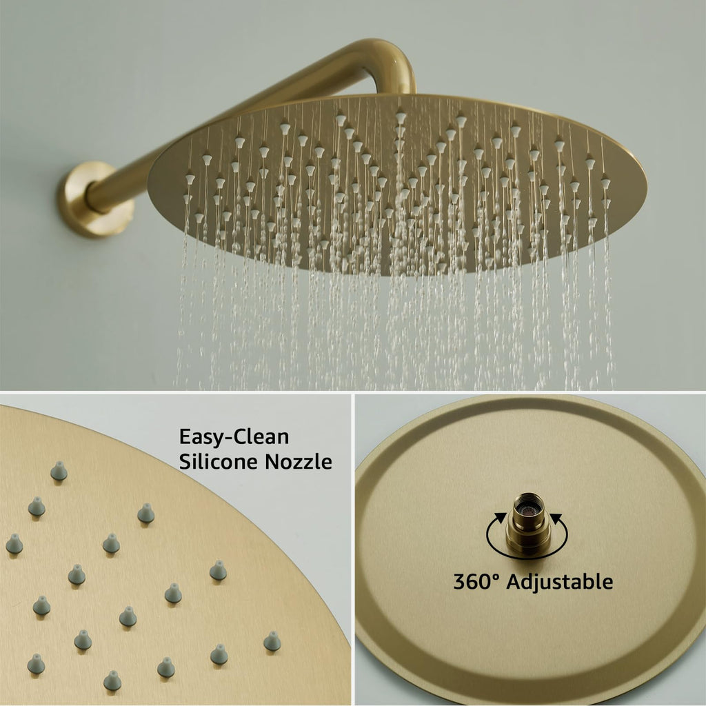 Brushed Gold Shower System Wall Mounted Shower Faucet Mixer Set with 12 Inches Rain Shower head and Handheld