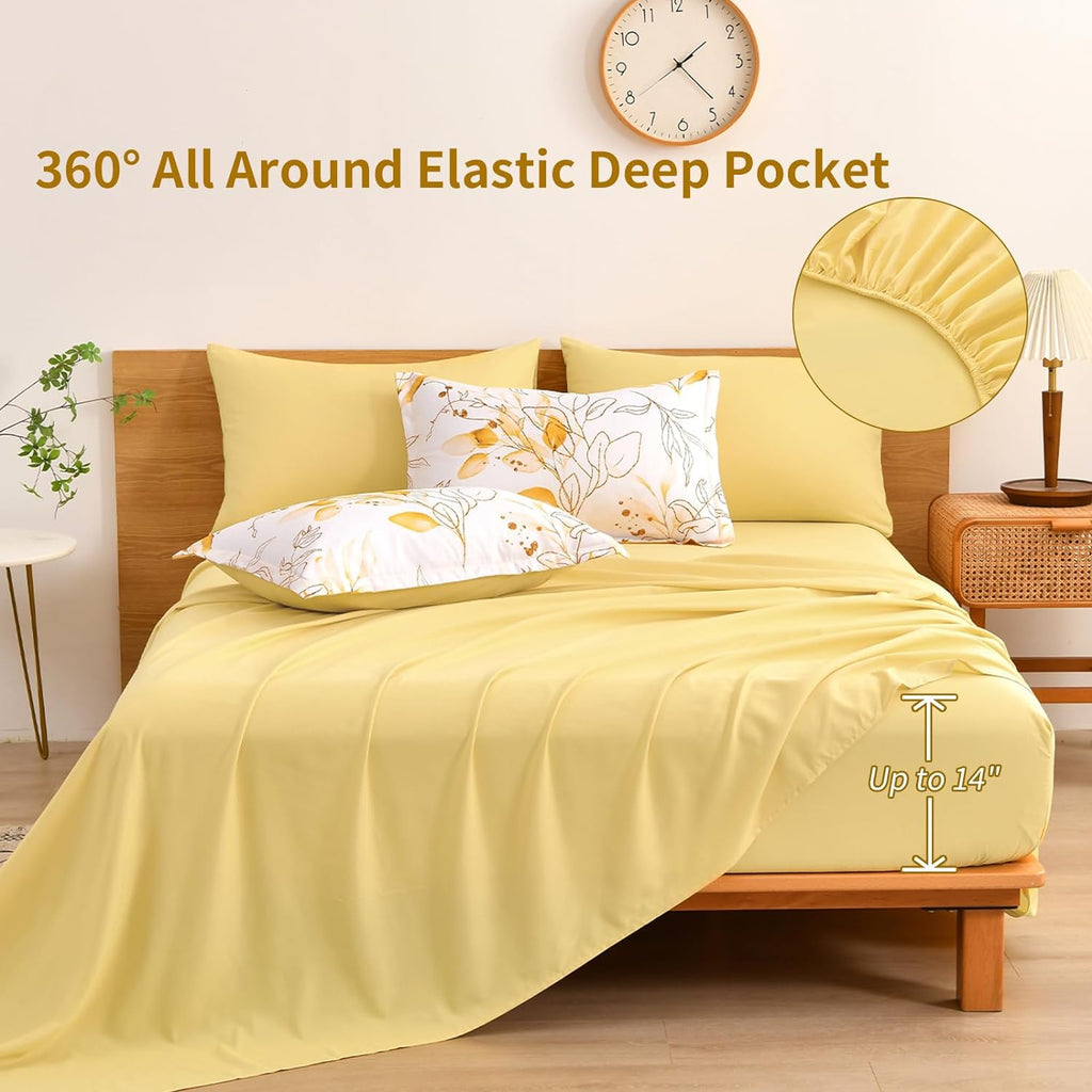 Yellow Botanical Comforter Set Queen, 7 Pieces Floral Bed in a Bag with Golden Leaves