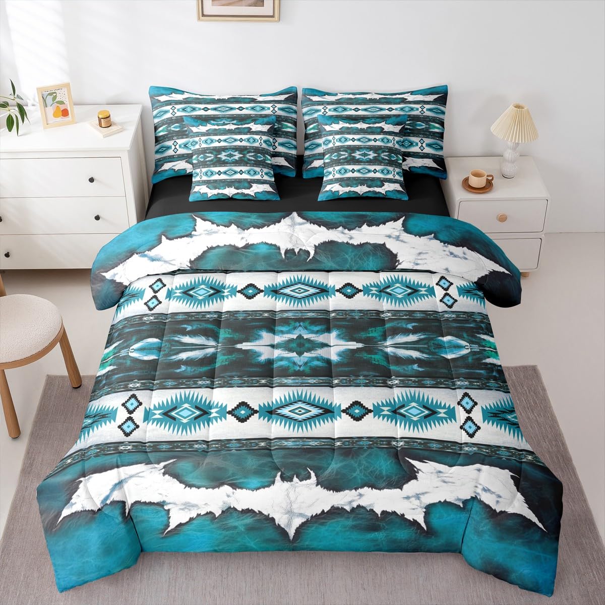 Western Aztec Twin Comforter Set with Sheets Cowhide Cow Print Vintage Animal Retro Fur 7 Pieces Bedding Set Boho