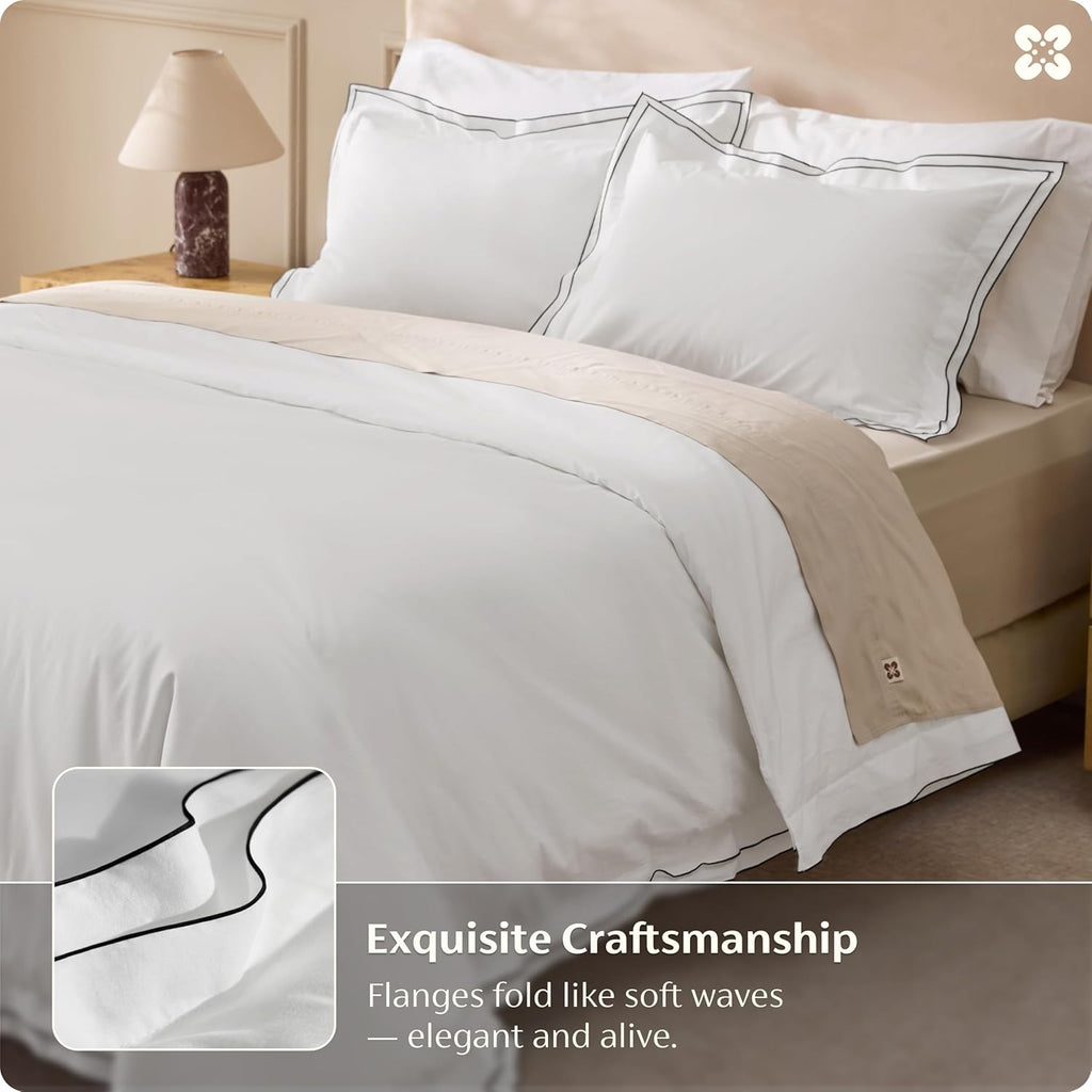 PureWoven 100% Cotton Percale Duvet Cover Queen, Leaf Edge, White