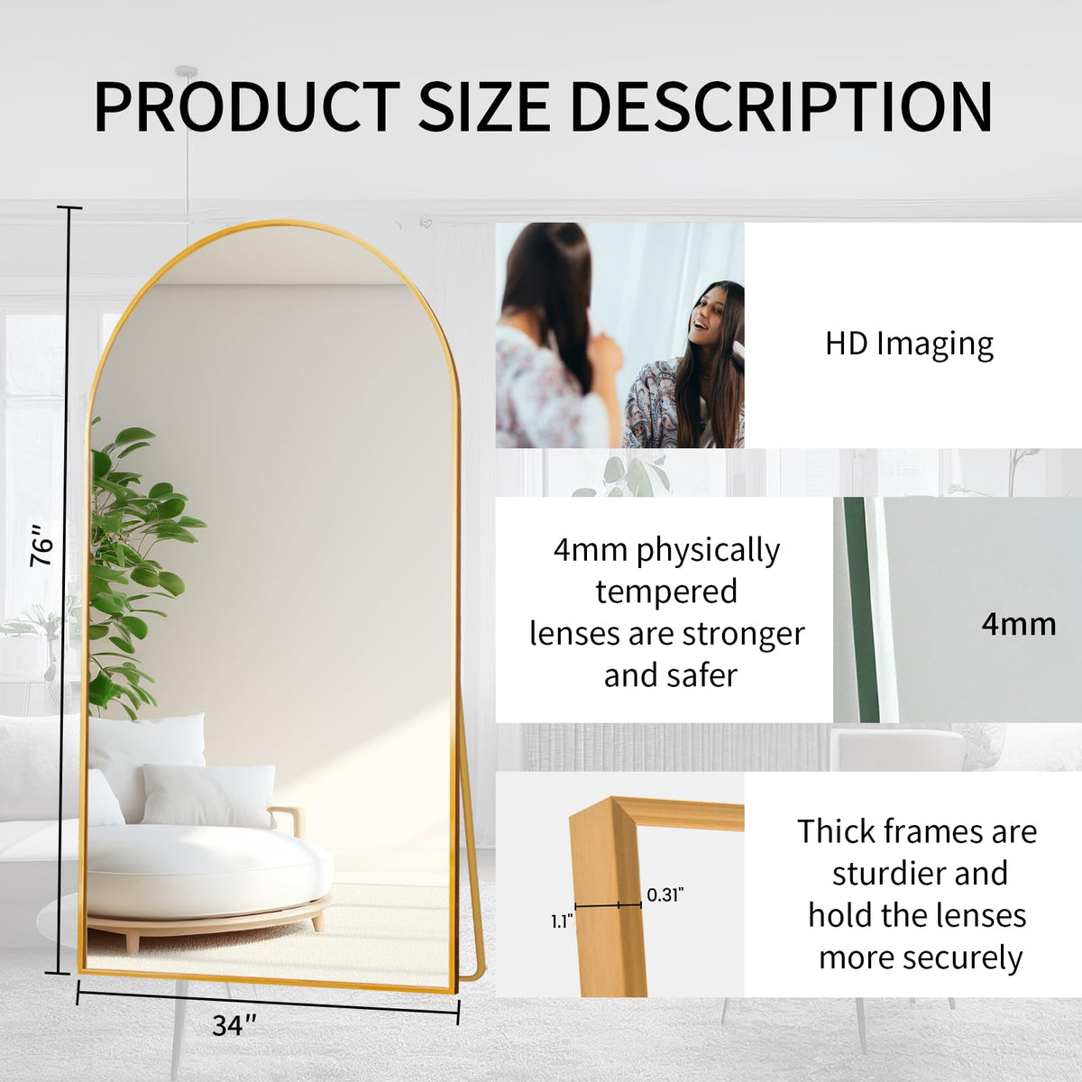 76" x 34" Arched Full Length Mirror with Stand, Gold Floor Mirror