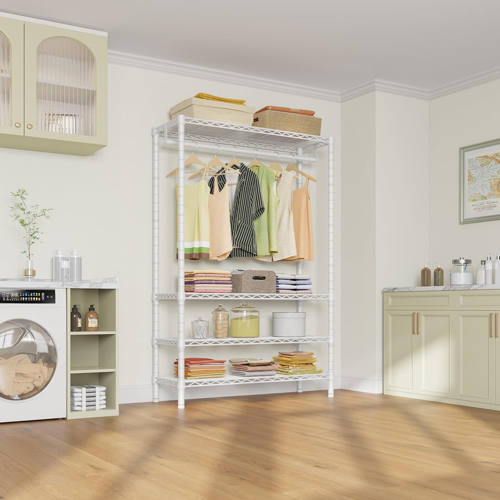 V1 4-Tier Clothes Rack with Hanging Rod, Freestanding Closet, White