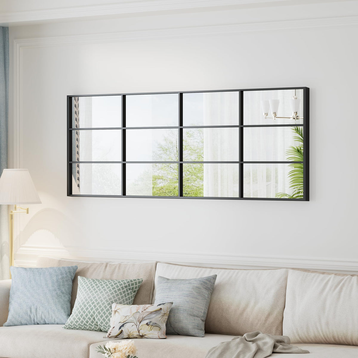 Full Length Mirror, 65"x22" Standing Windowpane Wall Mirror (Black)