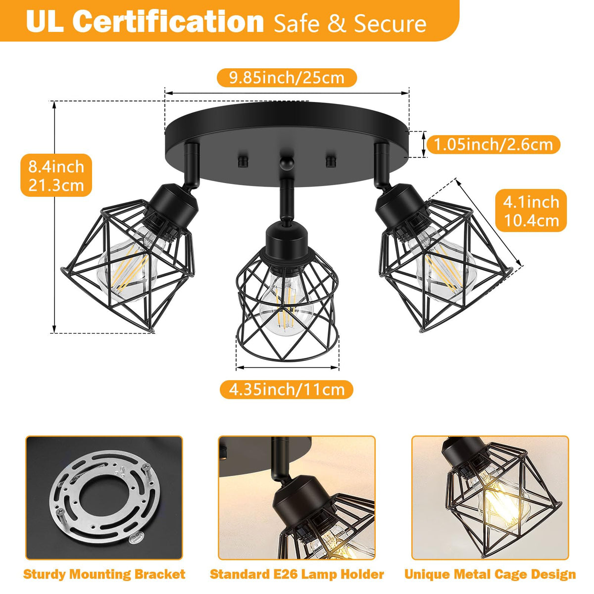 3-Light Kitchen Flush Mount Ceiling Light, Adjustable Multi-Directional Ceiling Light Fixture, Farmhouse Black Metal
