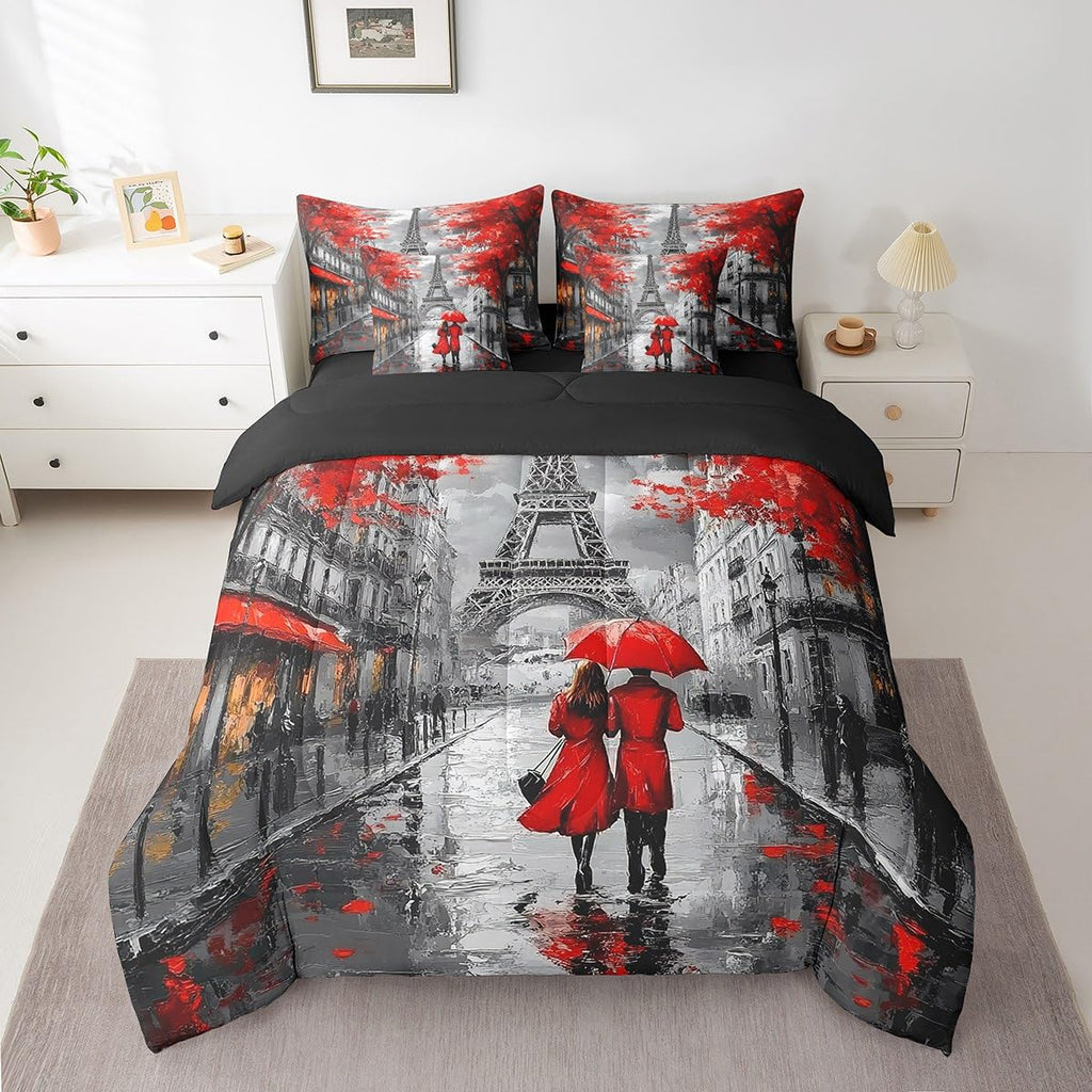 Paris 7-Piece King Comforter Set Twin Size for Couple Girls Women Eiffel Tower Bed in A Bag Romantic Bedding Set with