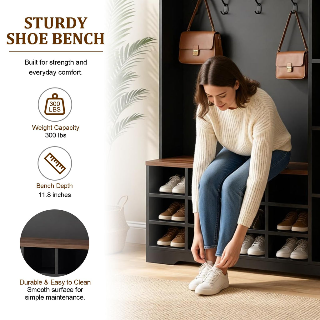 Hall Tree with Bench and Shoe Storage, 5-in-1 Mudroom with Coat Rack, Farmhouse Entryway Furniture, Tall Hall Tree