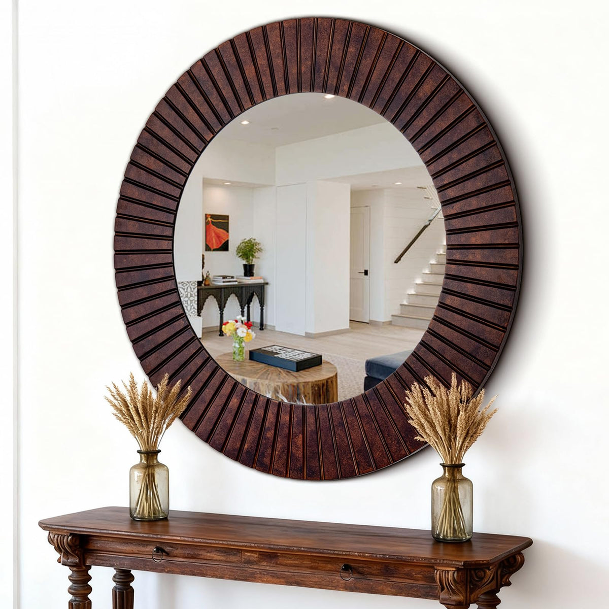 42'' Large Circle Mirror with Wood Frame, Decorative Mirror, Farmhouse Bathroom Mirrors with Bronze Groove Finish