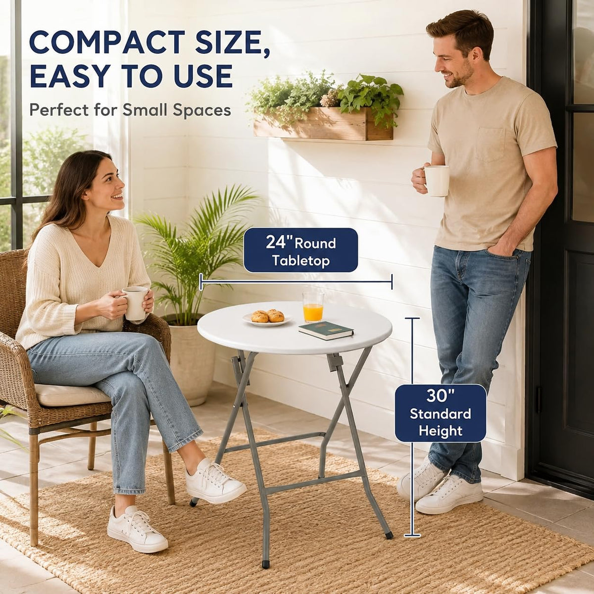 Set of 5, White 24" Round Plastic Folding Table Commercial Portable for Picnic Party Camping Banquet Card Dining