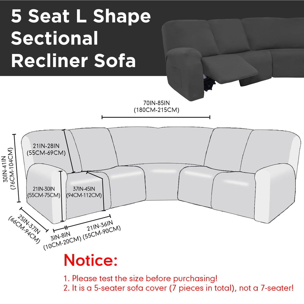 7 Pcs L Shape Sectional Sofa Covers, Dark Gray, Milk Silk
