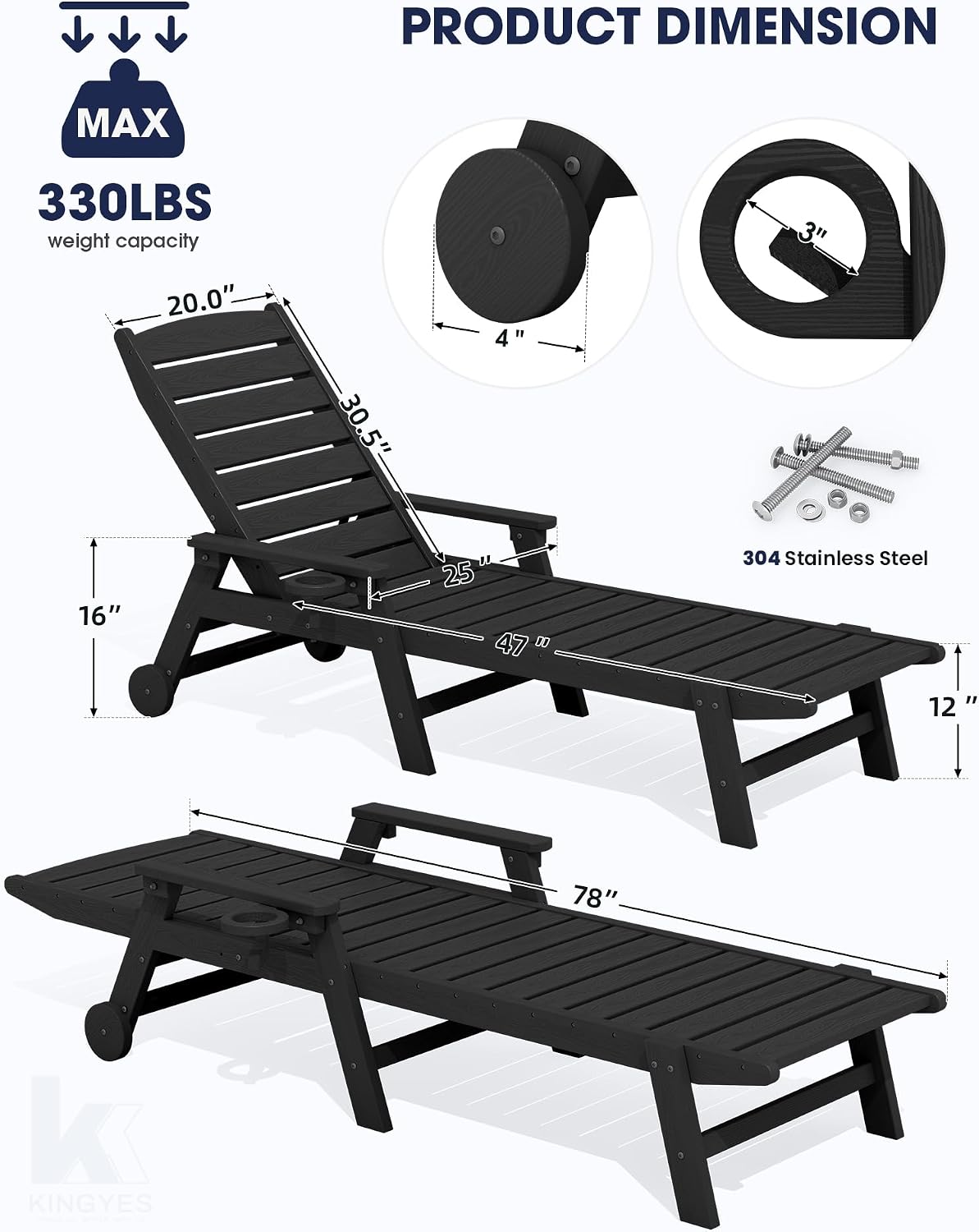 HDPE Lounge Chair Outdoor Set of 2, All Weather Pool Lounger | 5 Position Adjustable Backrest Patio Chaise Lounge