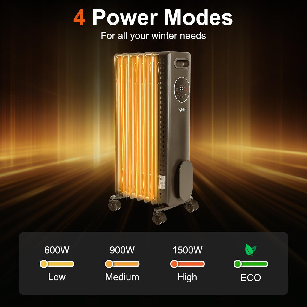 1500W Oil Filled Radiator with 24H ON OFF Timer, Electric heater with Remote, Adjustable Thermostat, 4 Modes, Child