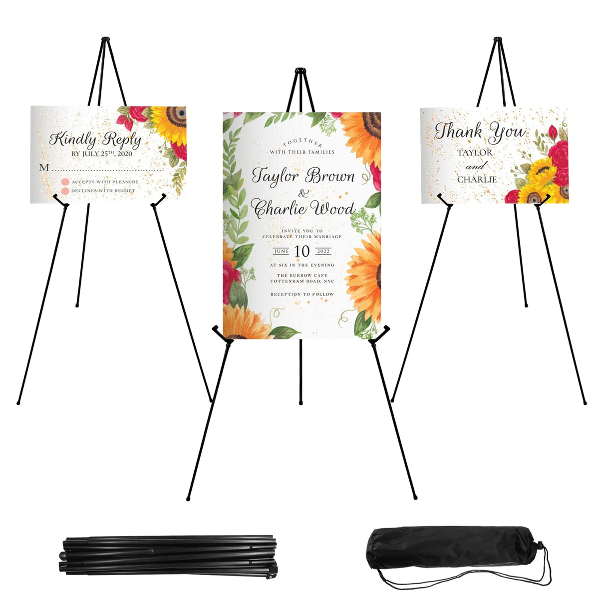 3 Pcs Lightweight Easel Stand, 66 Inch, Black, with Carry Bags