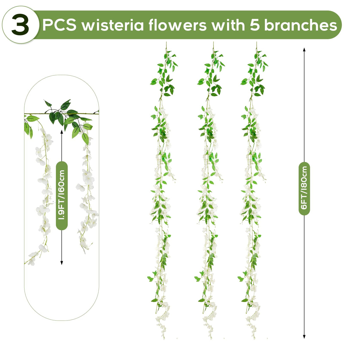 Wisteria Hanging Flowers Garland, Artificial Wisteria Garland White Fake Wisteria Flower for Wedding Arch Wall