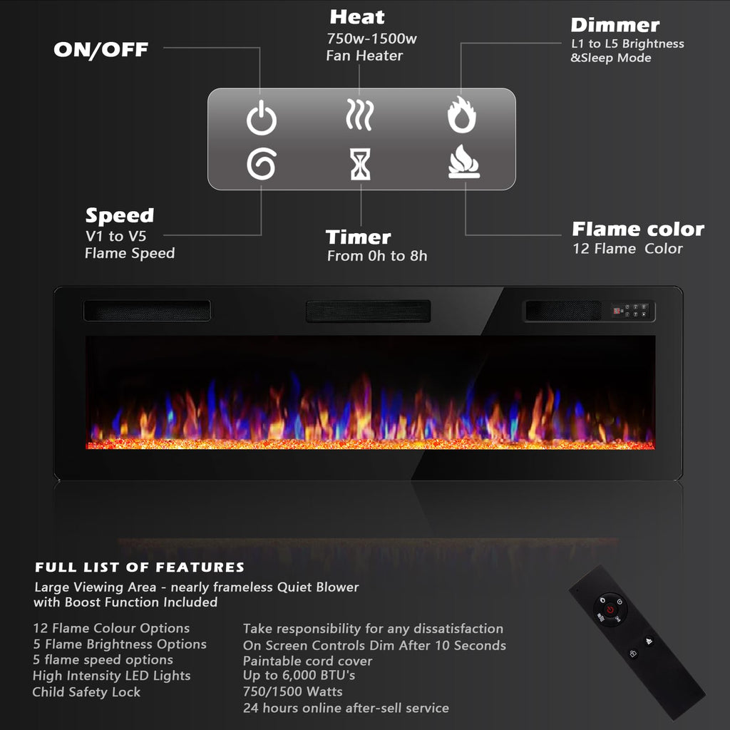 60 inch Ultra-Thin Silence Linear Electric Fireplace, Recessed Wall Mounted