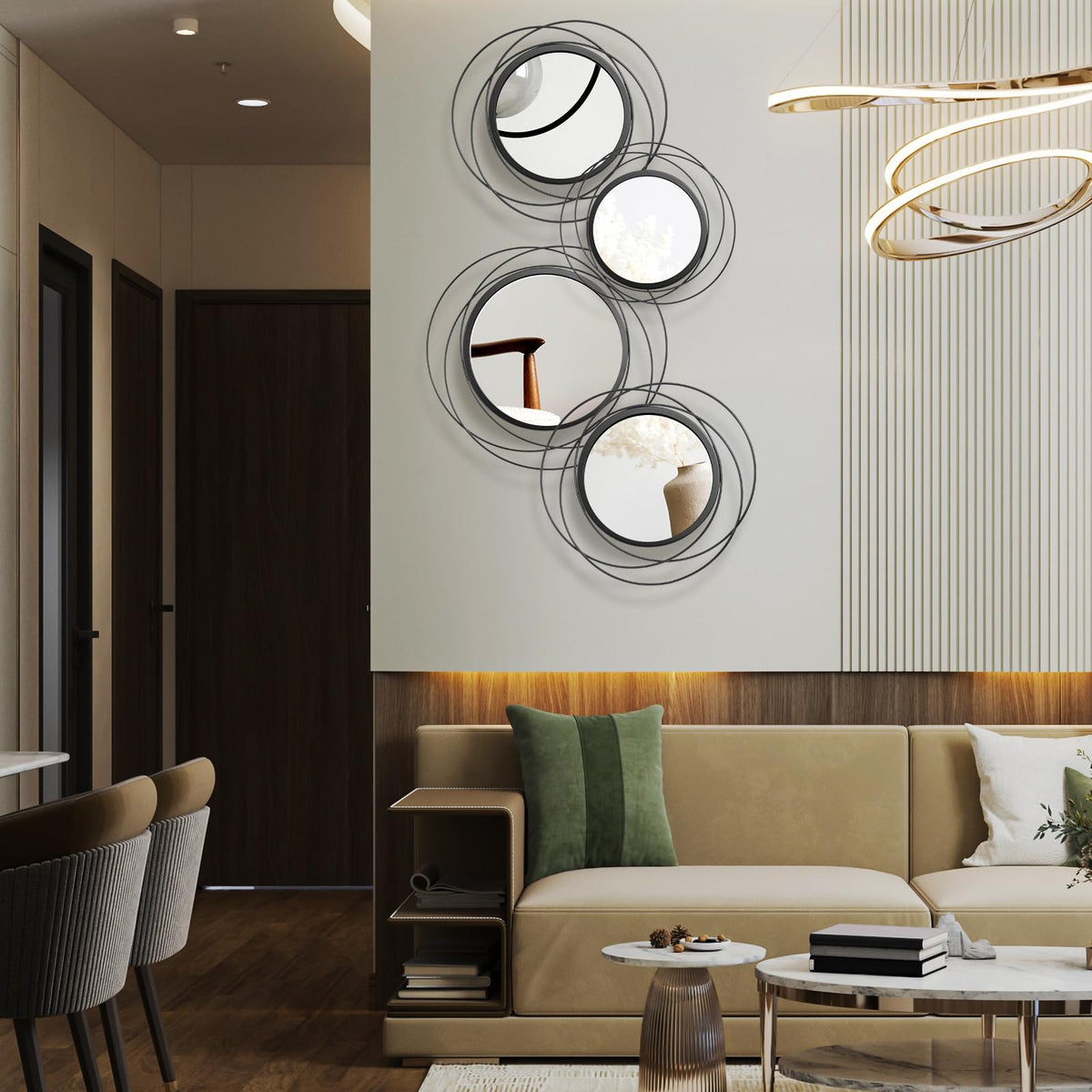 4 Pcs Decorative Round Modern Circle Mirror Wall Art Ring Metal Mirror Wall Mounted (Black)