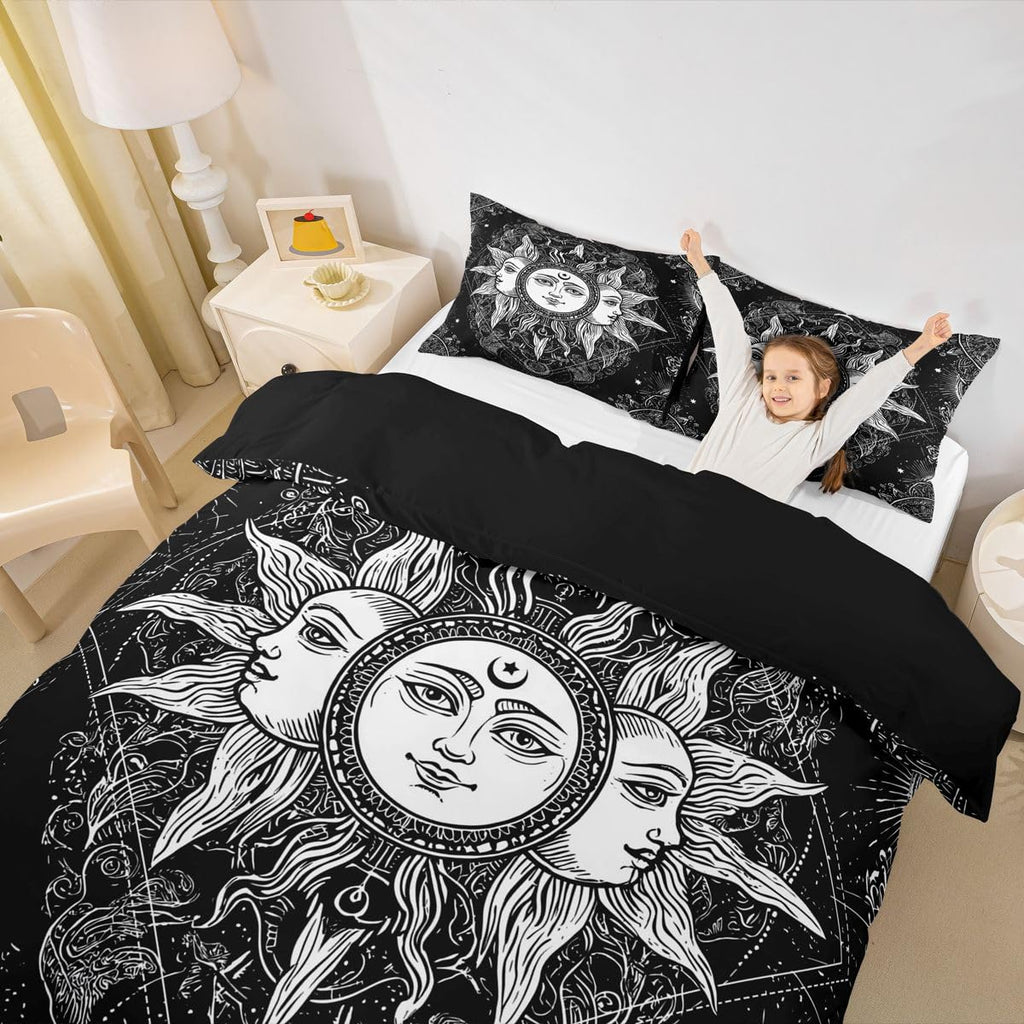 Bohemian Black and White Duvet Cover Full, Sun and Moon Bedding Set Boho Floral Paisley Comforter Cover, Tribe Exotic