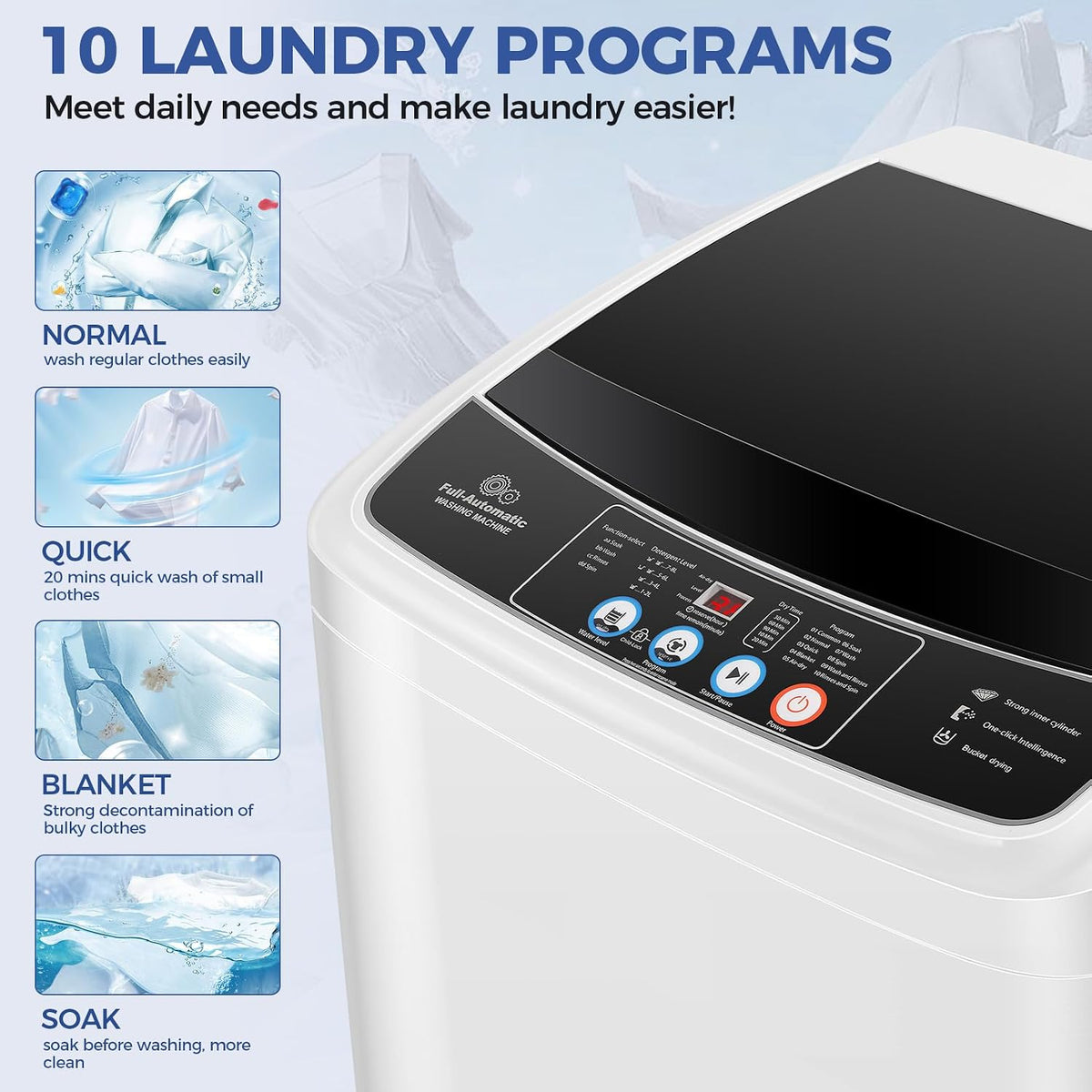 Portable Washing Machine 17.8Lbs Capacity Portable Washer with Drain Pump 2.4Cu.ft Full-Automatic Compact Washer with 10 Programs 8 Water Level for Home, Apartment, RV, Dorms
