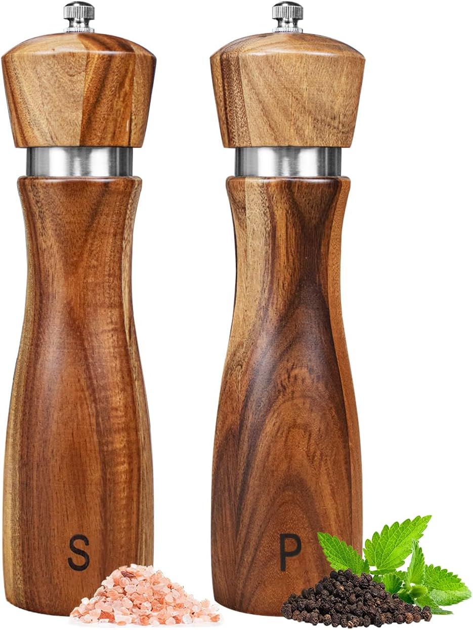 Acacia Wood Salt and Pepper Grinder Set Kitchen Home 8 Inch - Set of 2