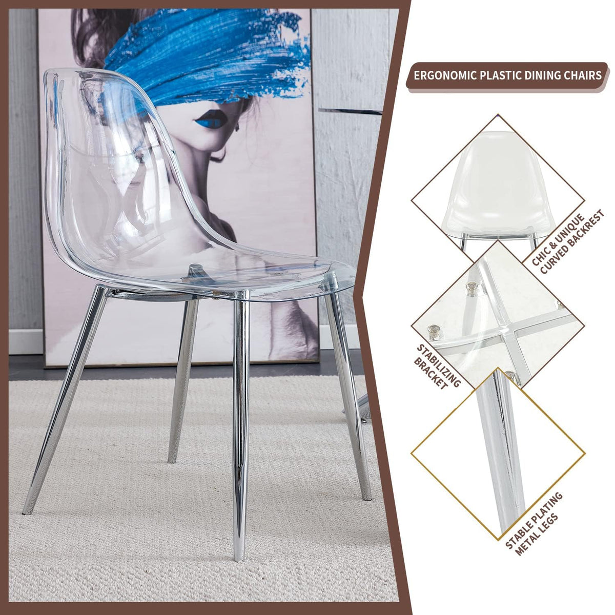 Clear Dining Chairs Set of 4, Modern Kitchen Chairs with Transparent Seat, Acrylic Accent Side Chairs with Metal Legs