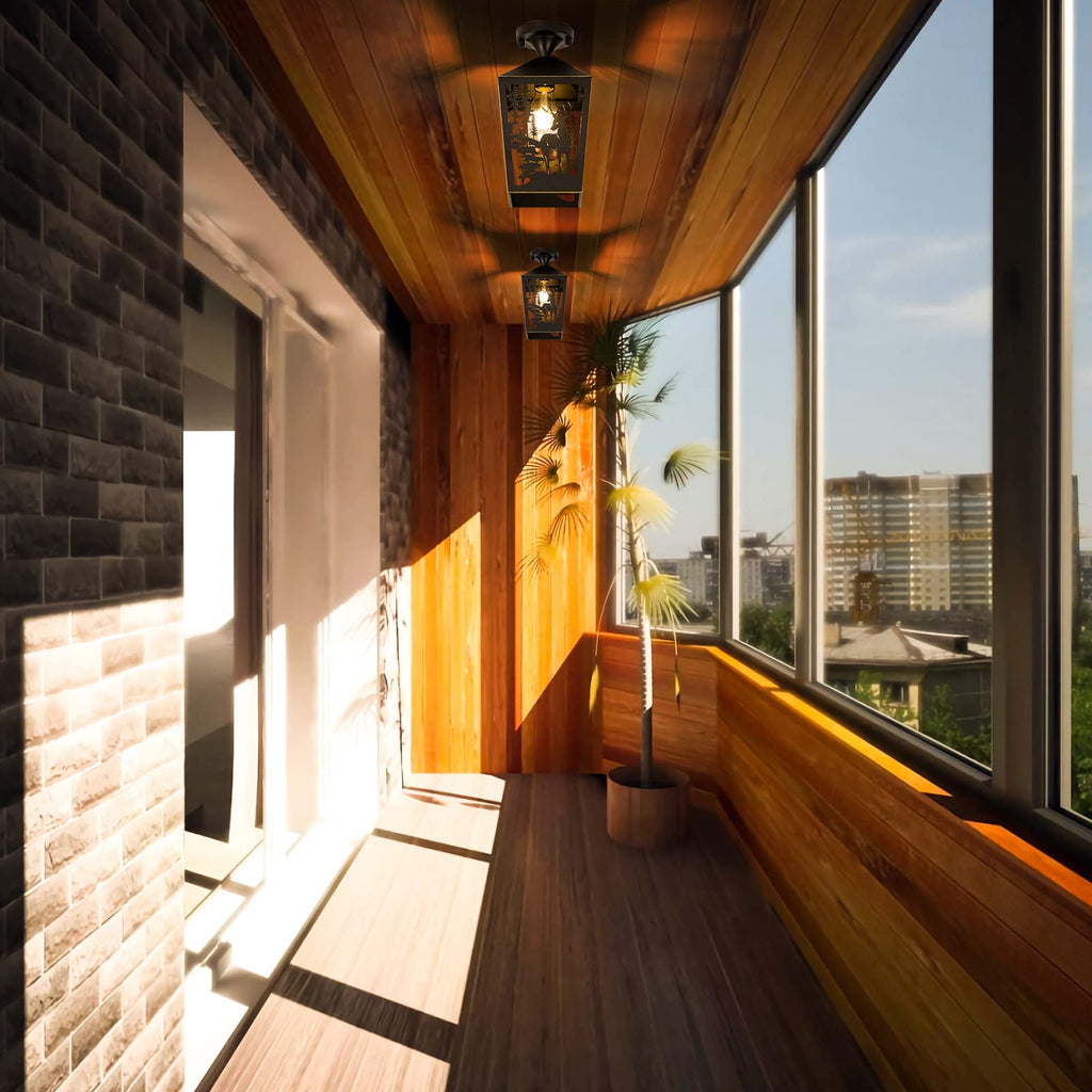 Farmhouse Semi Flush Mount Ceiling Light Fixture, Rustic Black Metal Deer Animal Light Fixtures for Log Cab, Foyer