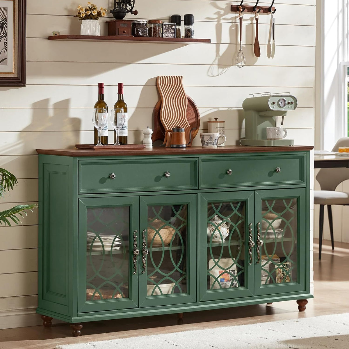 Farmhouse Sideboard Buffet Cabinet with Storage,Adjustable Shelves Console Table,59" Large Credenza with 4 Glass Doors