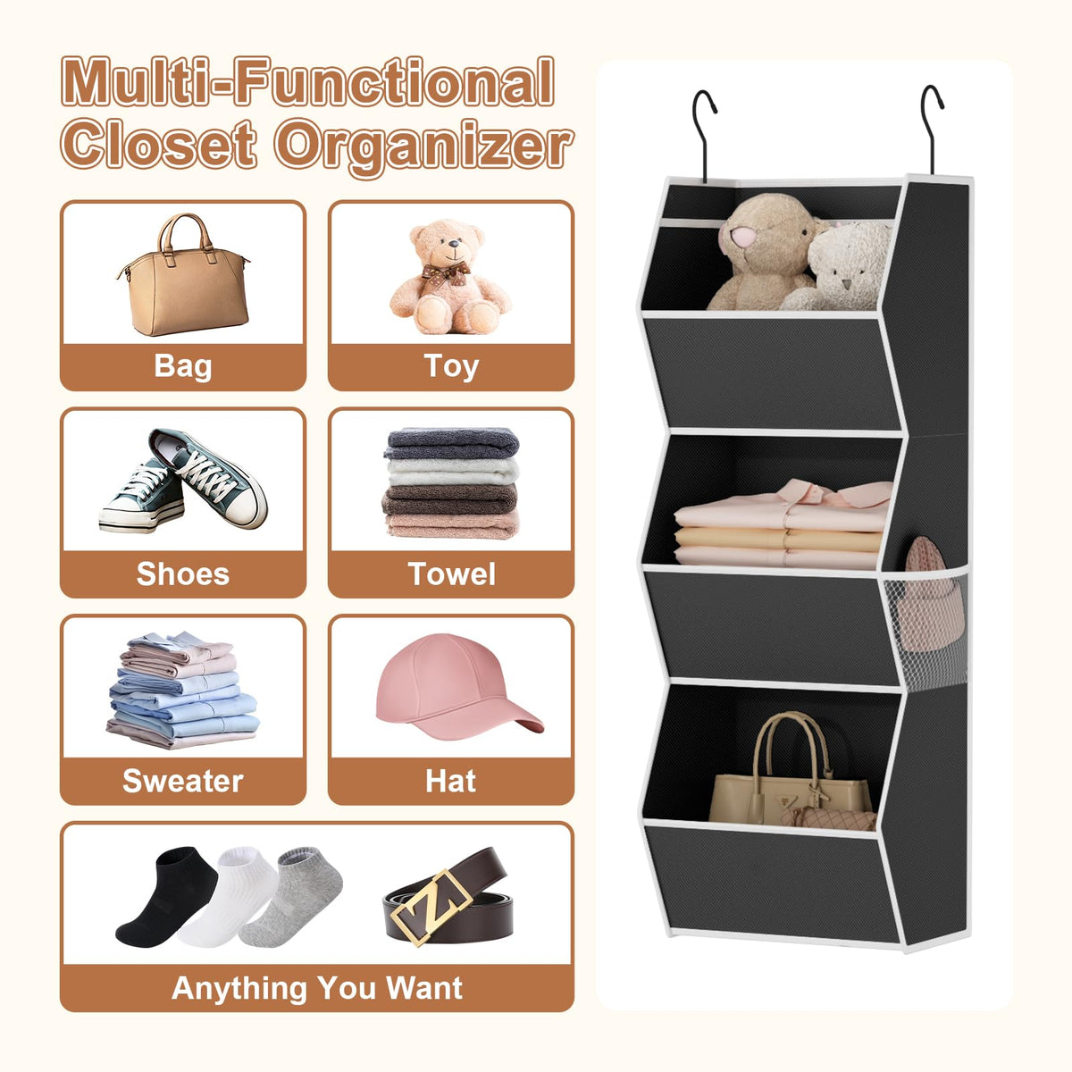 Hanging Closet Organizer Collapsible Bedroom Closet Organization, 3 Shelf