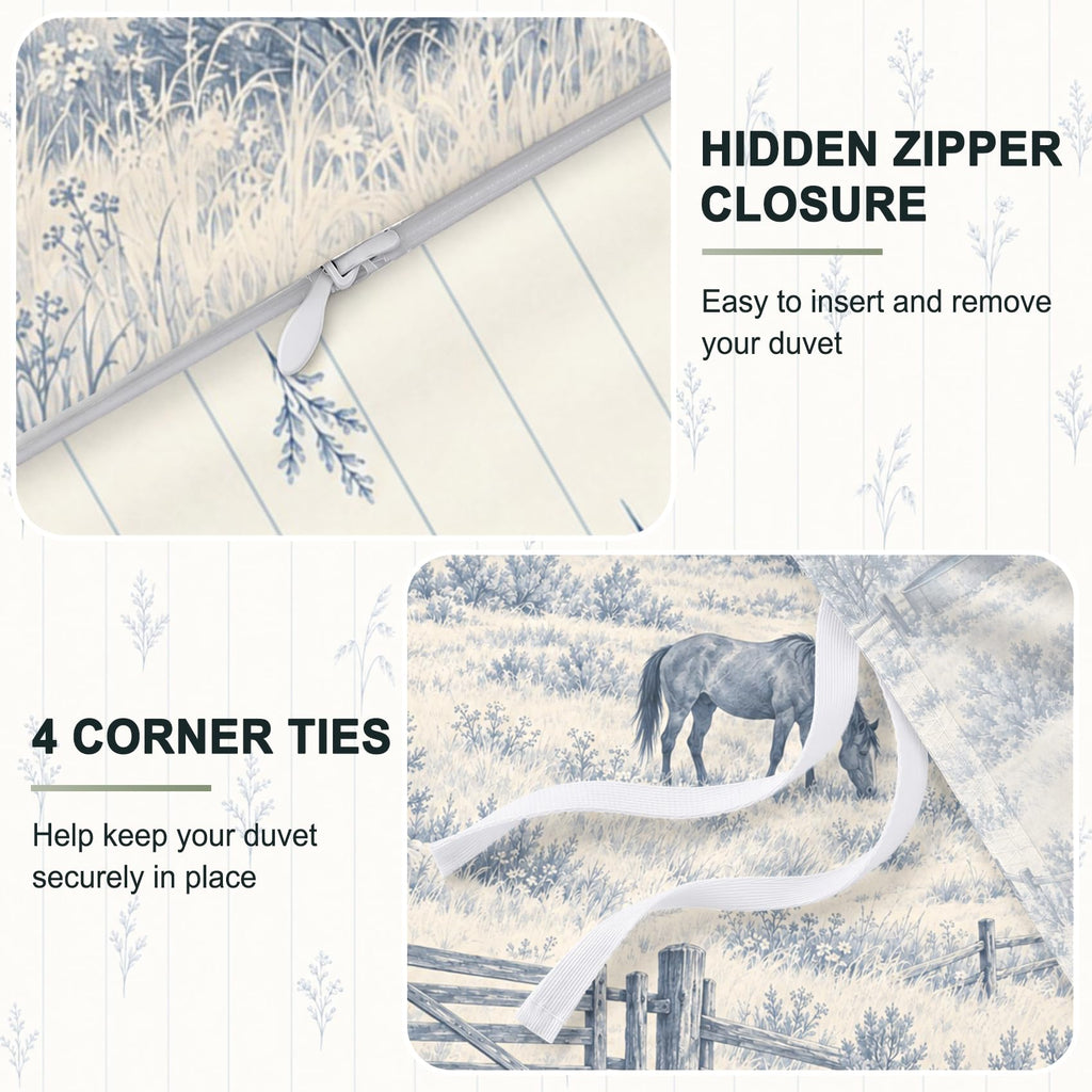 Western Ranch Duvet Cover Set 90x90, Dusty Blue Horse Toile Bedding