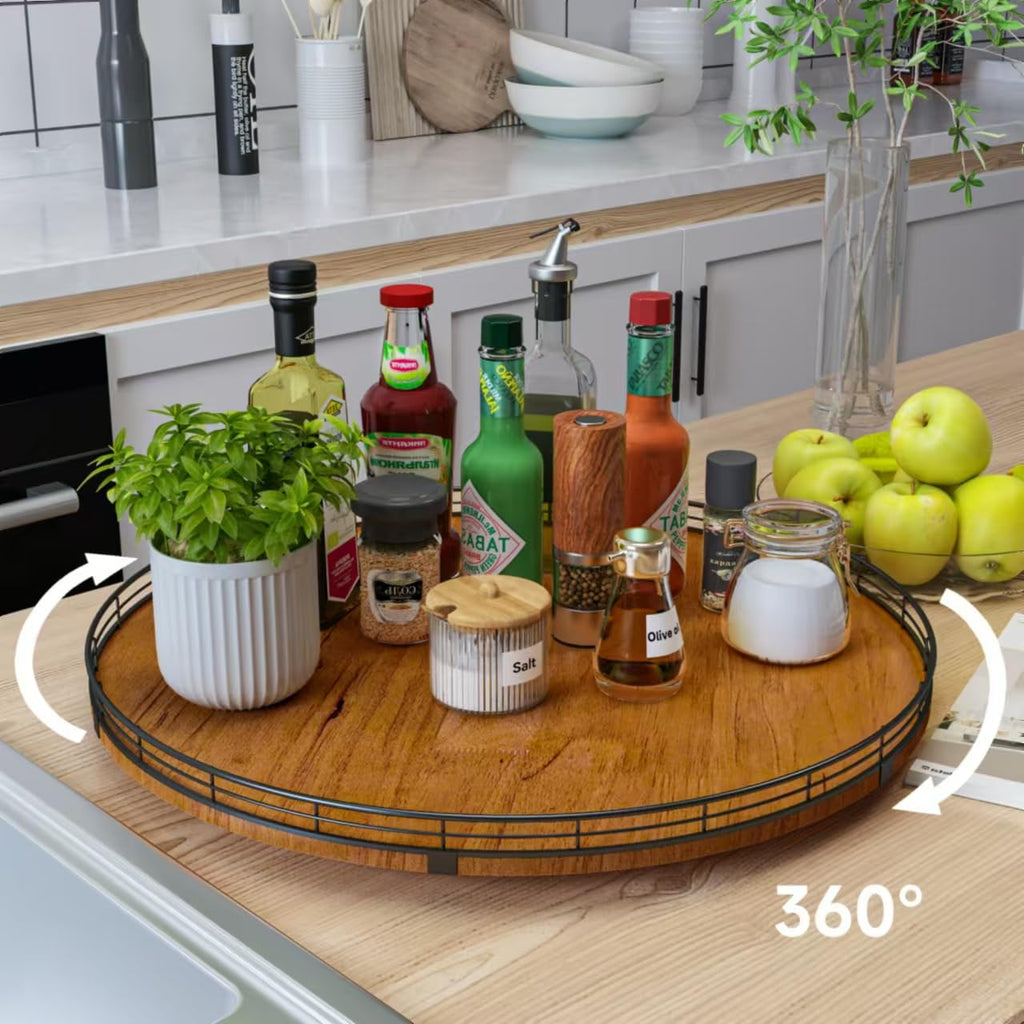 Walnut-Finish Wooden Lazy Susan Organizer for Dining Table