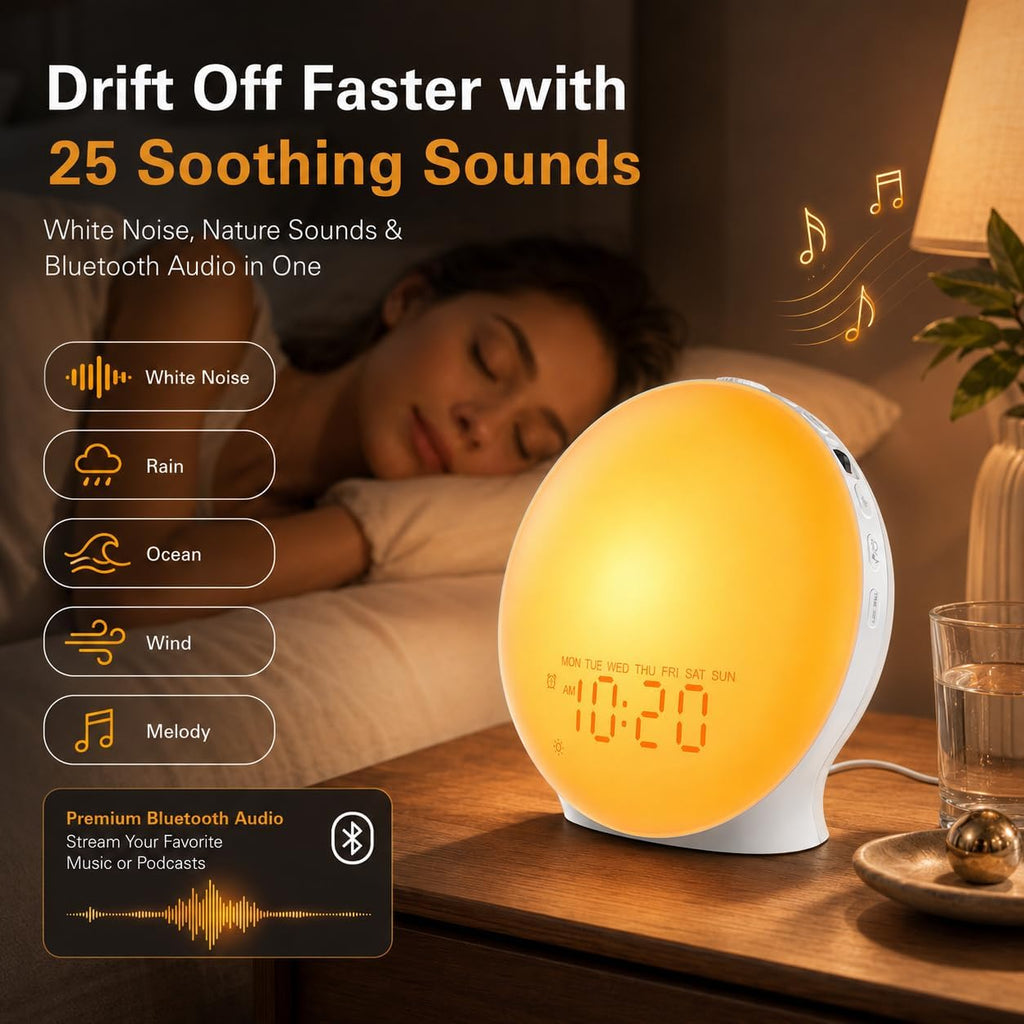 Sunrise Alarm Clock White Noise Machine with 25 Nature Sleep Sounds, Fully Dimmable Clock, Heavy Sleepers, 17 Light