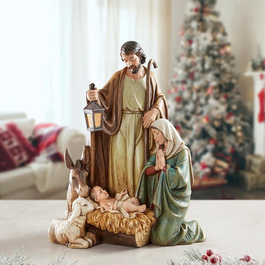 Religious Holy Family Figurine, Lamb of God Nativity Scene Statue, Christmas Decoration , 14.5 Inch