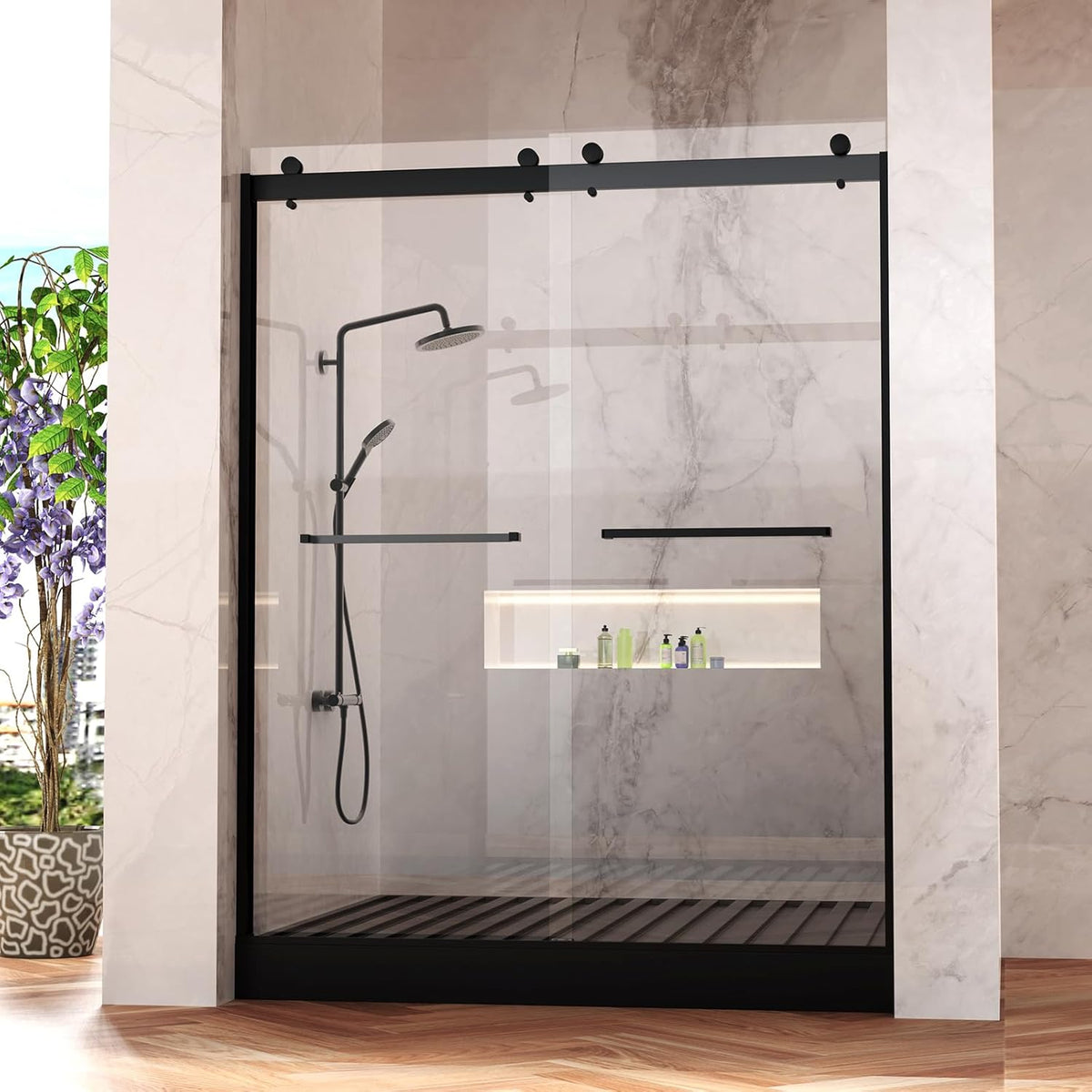 Frameless Shower Door, 5/16" (8mm) Clear Tempered Glass Shower Door, 56-60" W x 74" H, Quiet Soft-Close