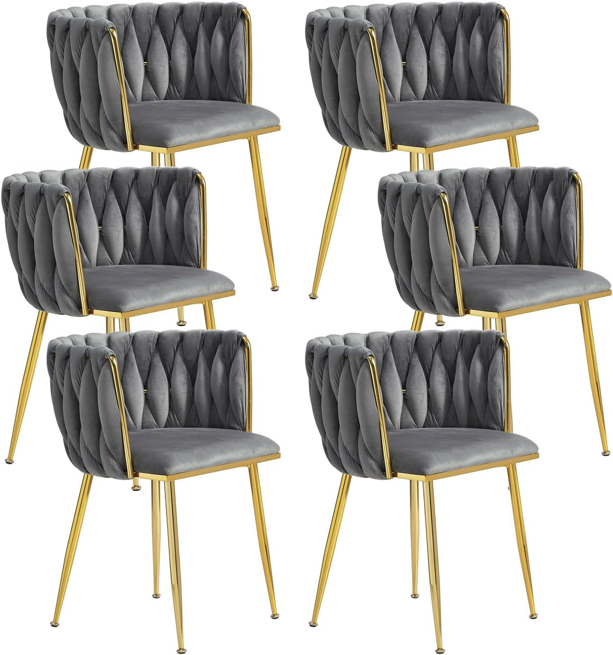 Velvet Dining Chairs Set of 6 with Golden Metal Legs and Woven Backrest - Grey
