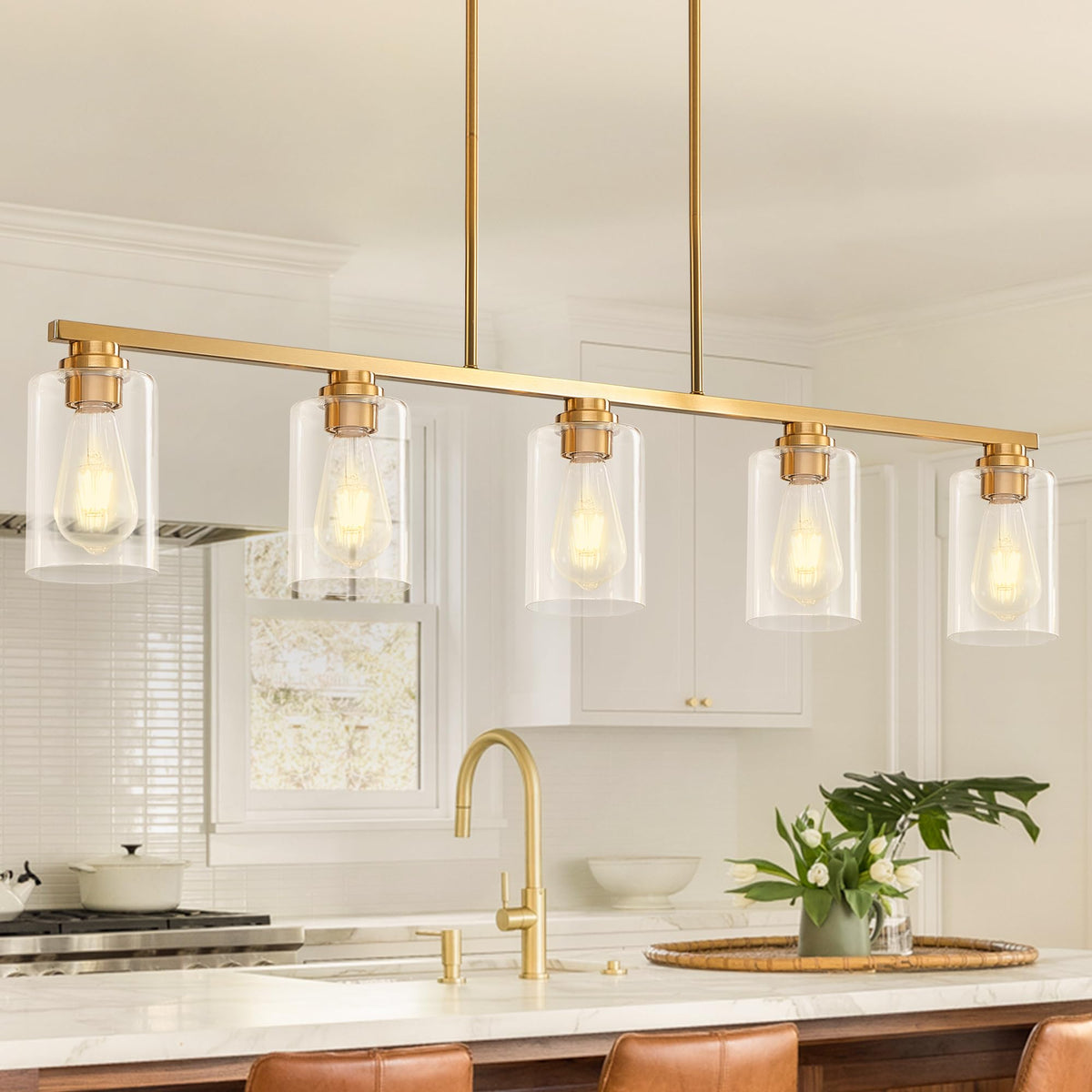 Island Light, Brushed Gold Dining Room Light Fixture Over Table, 5-Light Linear Chandelier Pendant Lighting