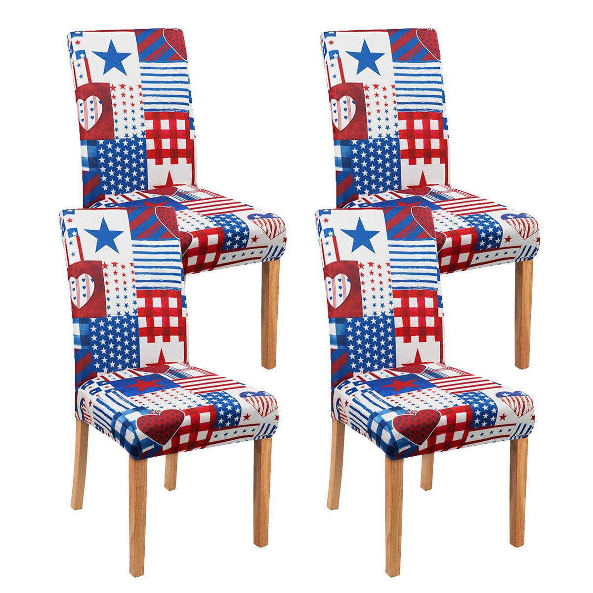 Dining Room Independence Day Chair Covers Set of 4, 4th of July Plaid Stitching Dining Chair Cover, Elastic Removable