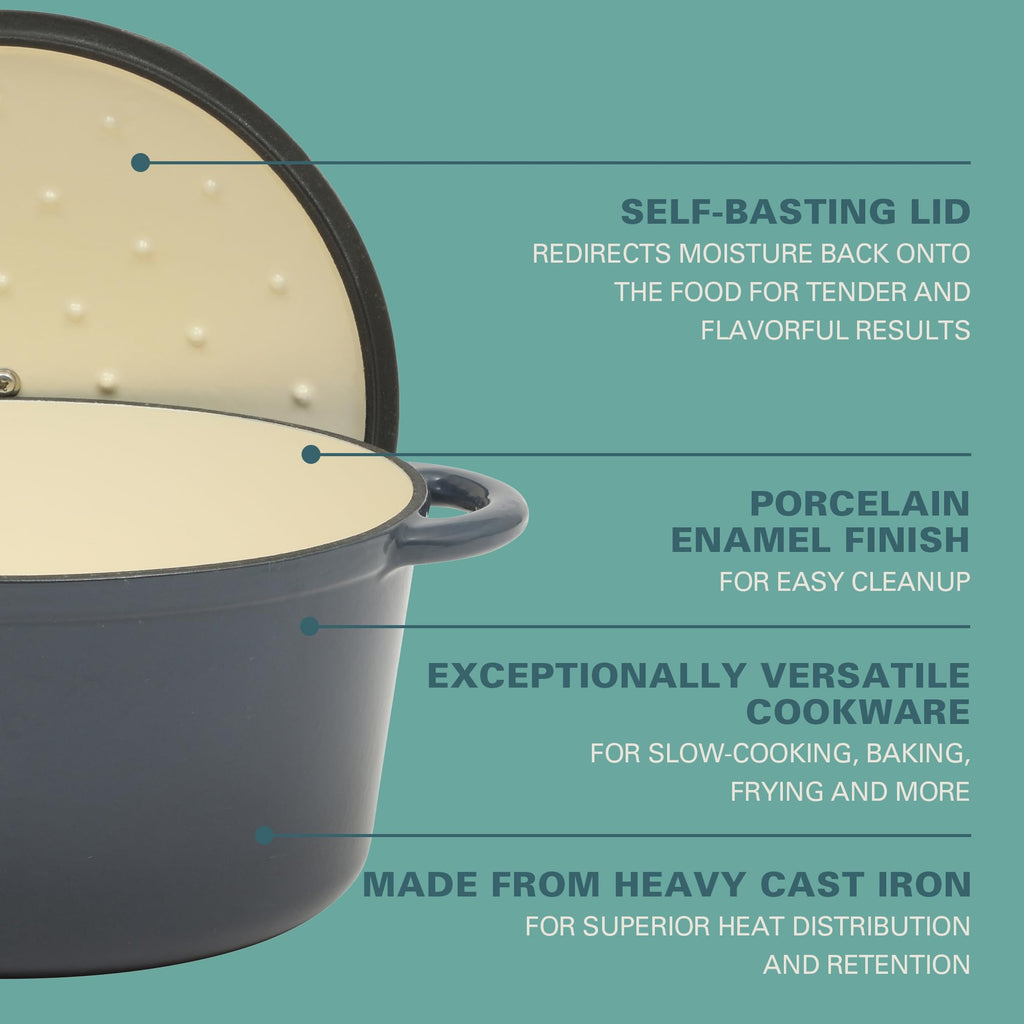 7 Qt Enameled Cast Iron Dutch Oven Pot with Lid - Round, Oven Safe to 500°F, Ideal for Bread Baking &