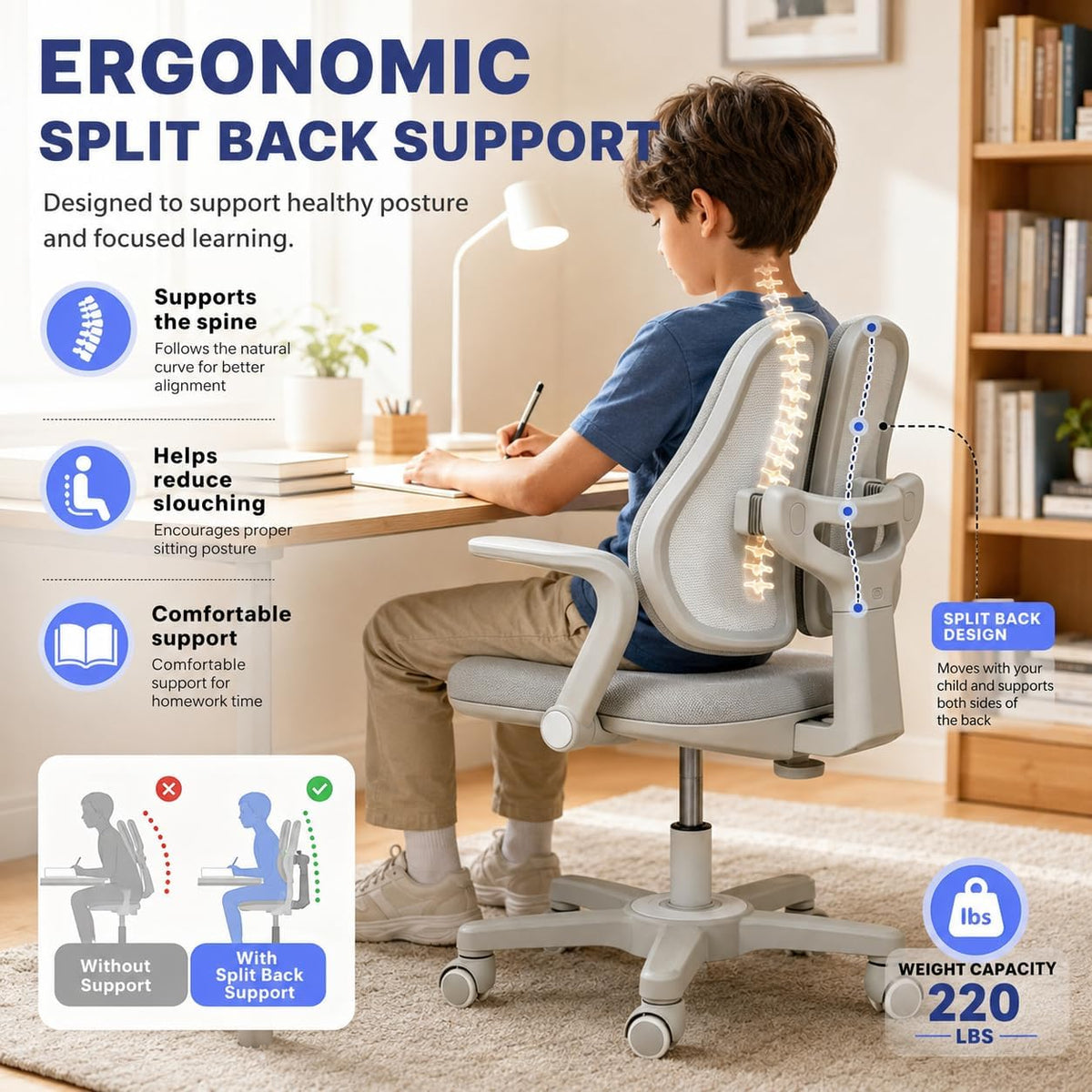 Ergonomic Kids Study Desk Chair with Lumbar Support, Adjustable Height, Adjustable Backrest, Flip-Up Armrests Bedroom