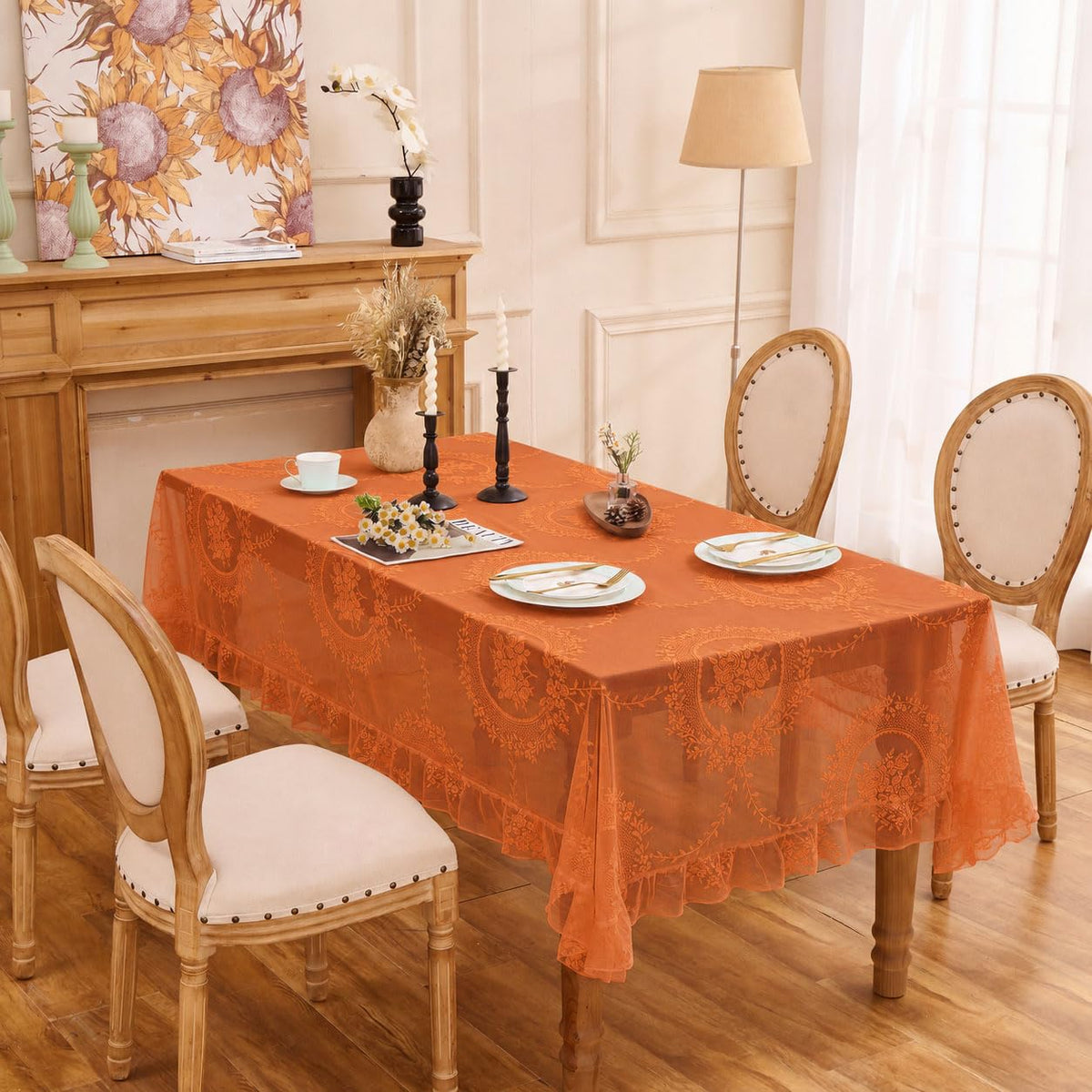 Orange Fall Lace Tablecloth, Vintage 55"x40" Rectangular Table Cloth