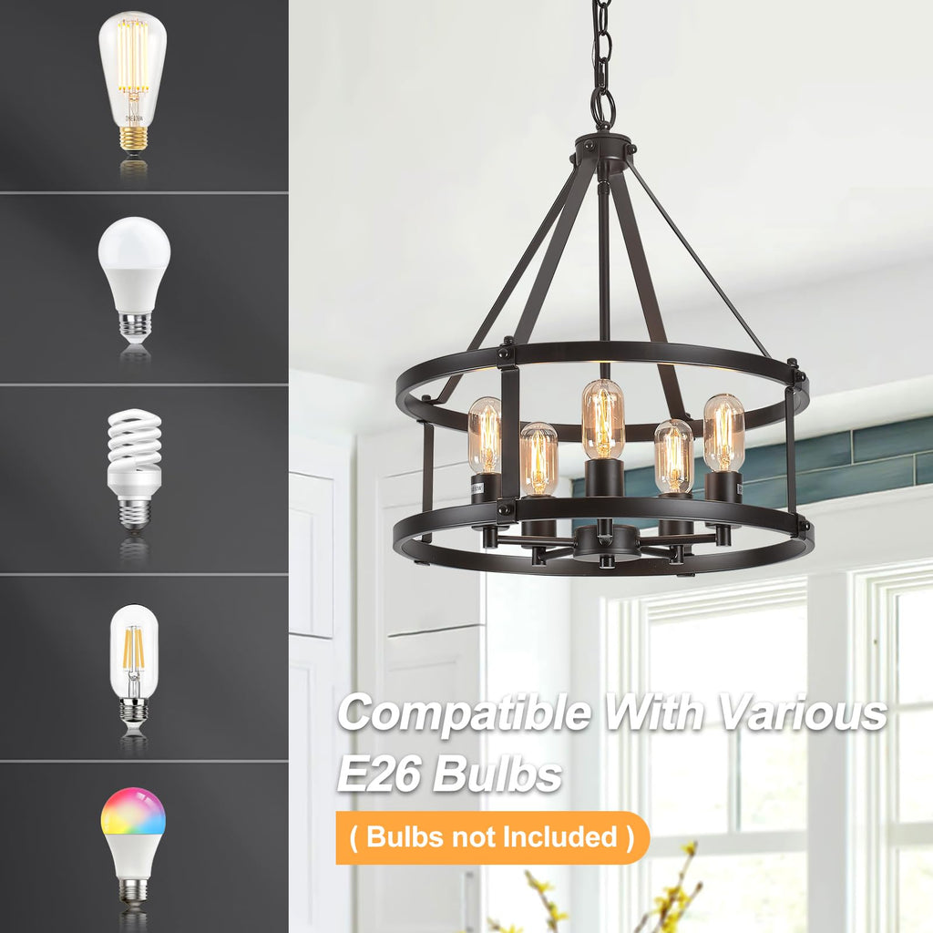 17.7''Farmhouse Black Chandelier, 5-Light Adjustable Height Industrial Hanging Lights E26 Base, Rustic Drum Pendant