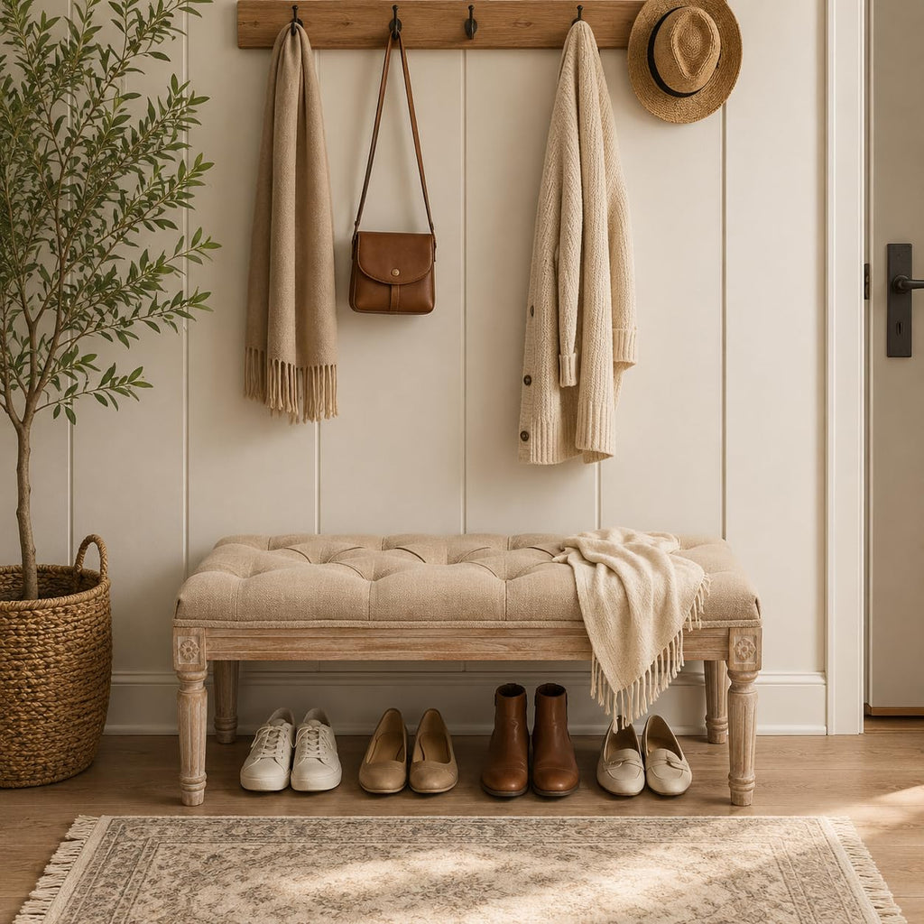Fabric Entryway Bench with Button Tufted Seat and Rustic Wood Legs, Vintage Bedroom Bench End of Bed, Padded Extra