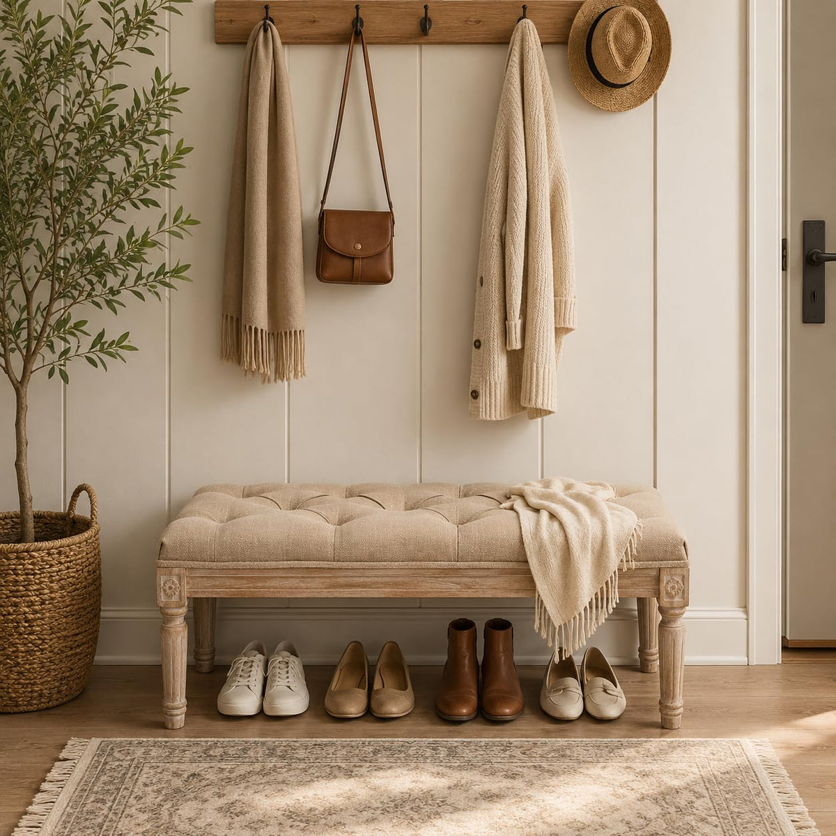 Fabric Entryway Bench with Button Tufted Seat and Rustic Wood Legs, Vintage Bedroom Bench End of Bed, Padded Extra
