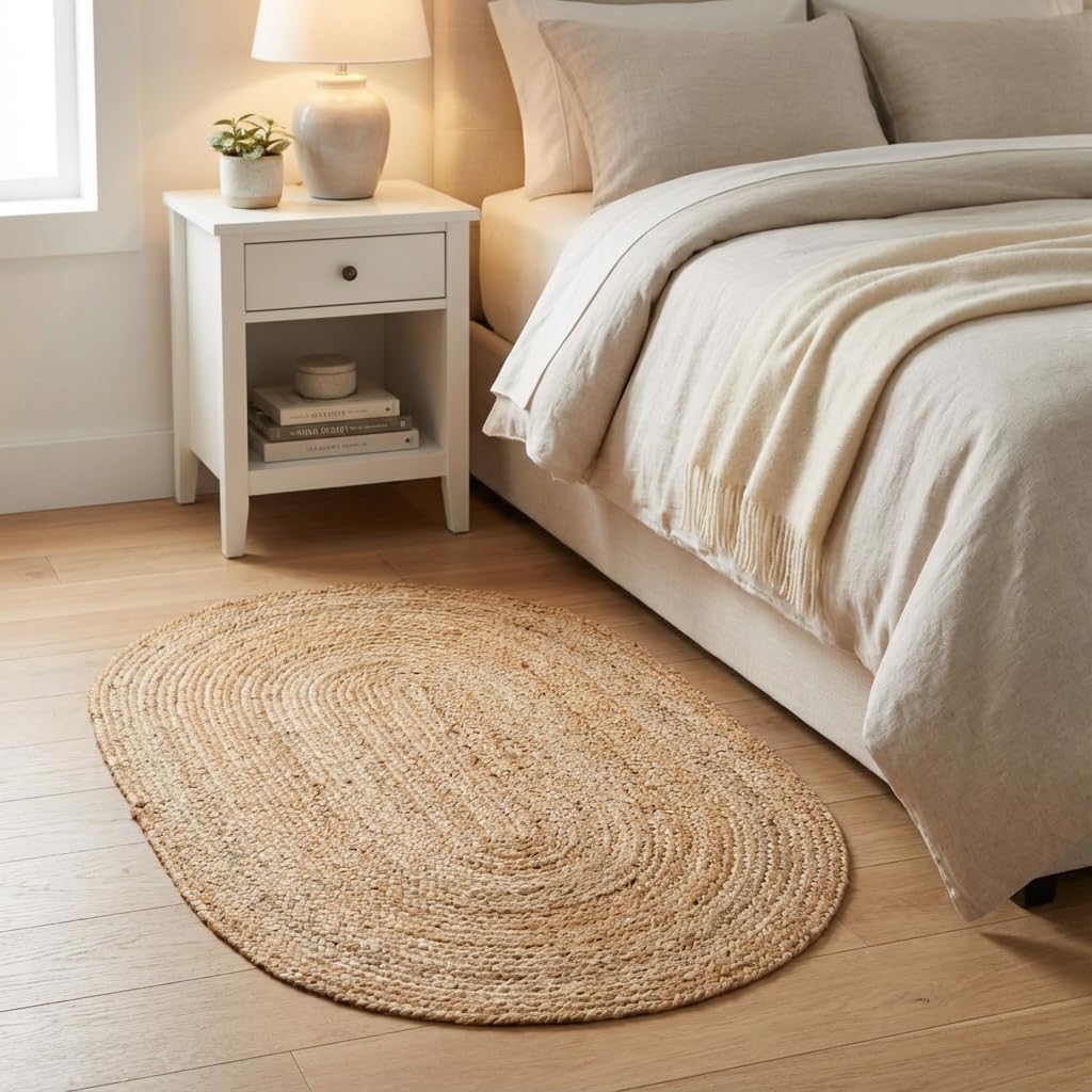 Boho Oval Jute Rug - Reversible Natural Fiber Hearth Carpet- Eco Friendly Floor Covering - Doorway Hand Woven