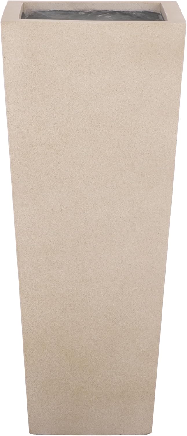 Outdoor Patio Furniture Collection - Paloma Beige Ficonstone Tall Planter Pot, Modern Square Plant Container, Fully