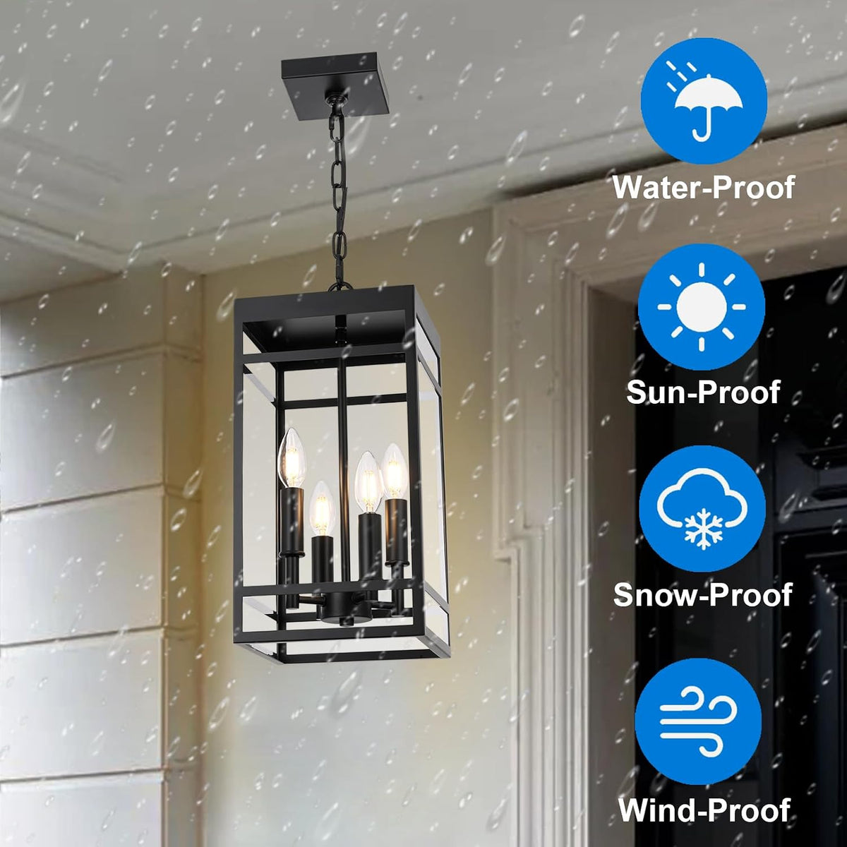 4-Lights Large Outdoor Pendant Light, Matte Black Exterior Hanging Lantern with Clear Glass